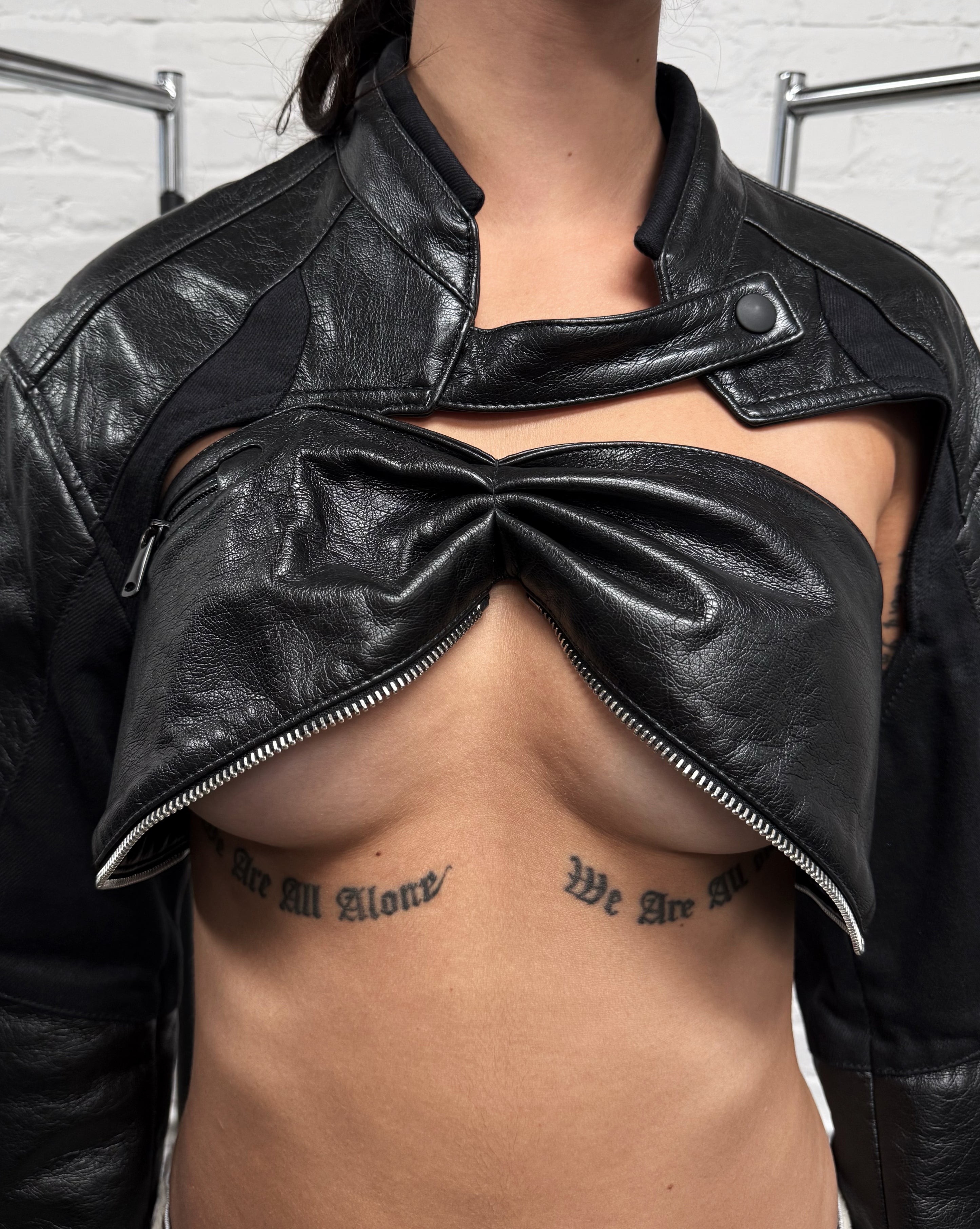 Coperni Black Faux Leather ‘Cutout’ Cropped Biker Jacket