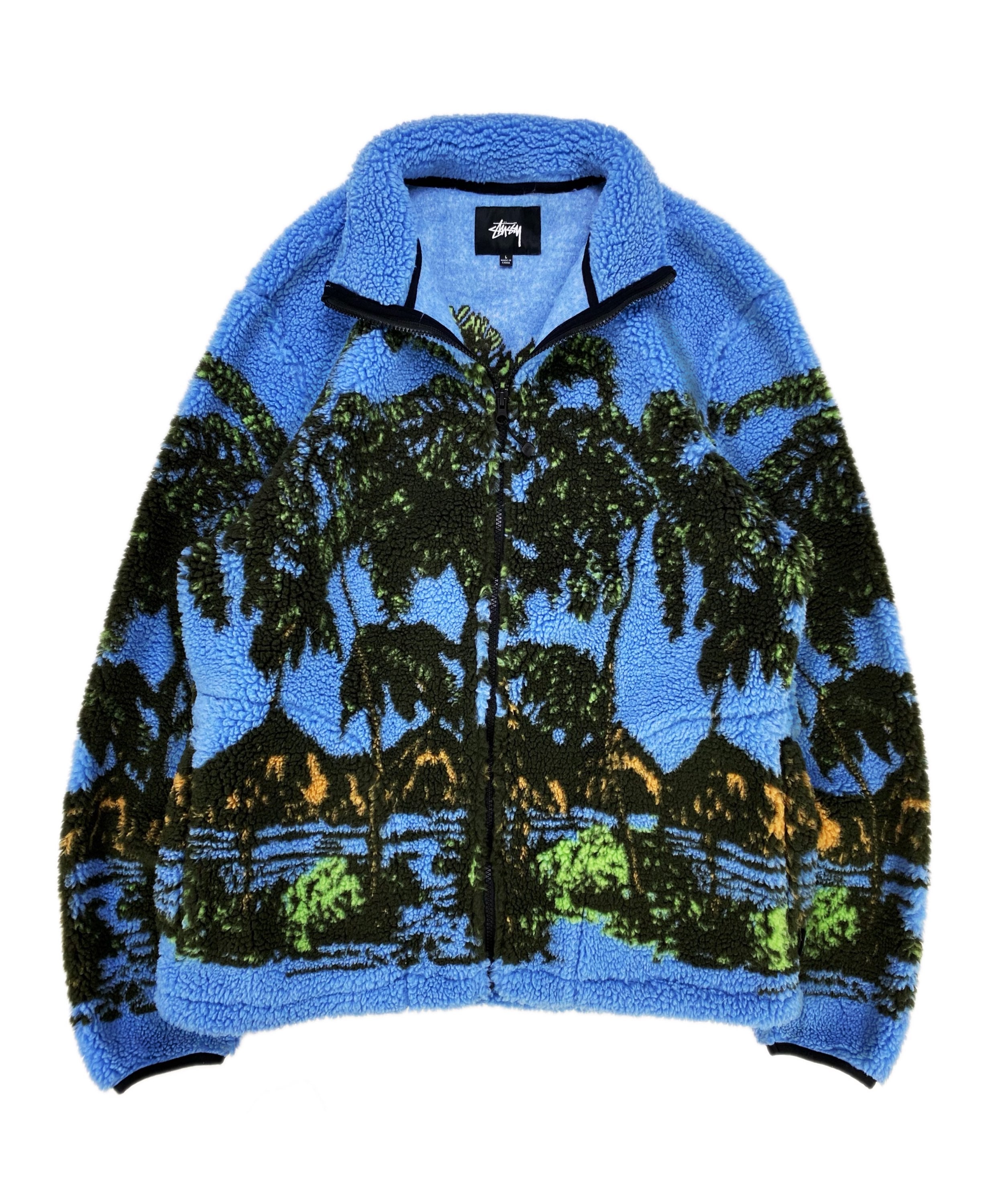 AW19 Stüssy ‘Tropical’ Blue Jacquard Print Sherpa Fleece Jacket