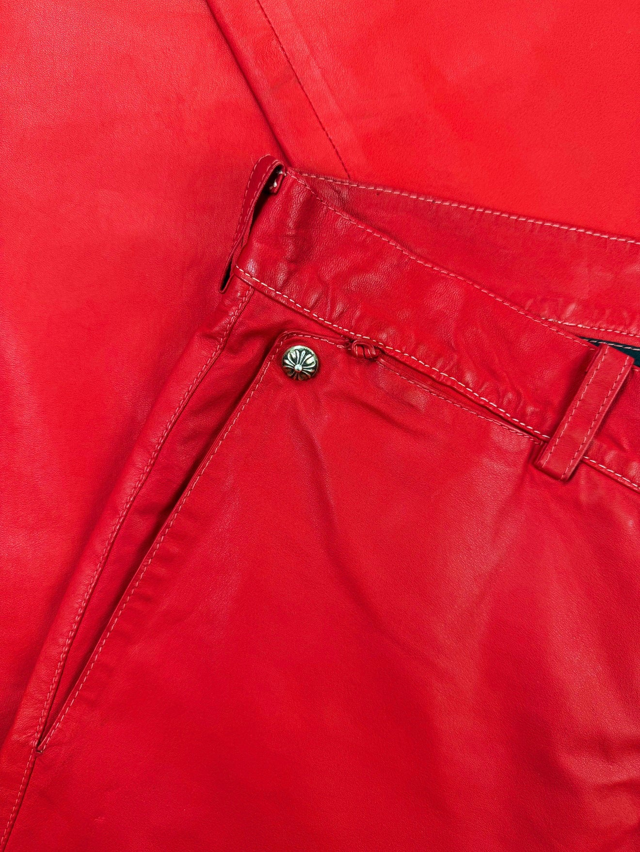 Chrome Hearts Flared Red Leather .925 Silver Button Fly Pants