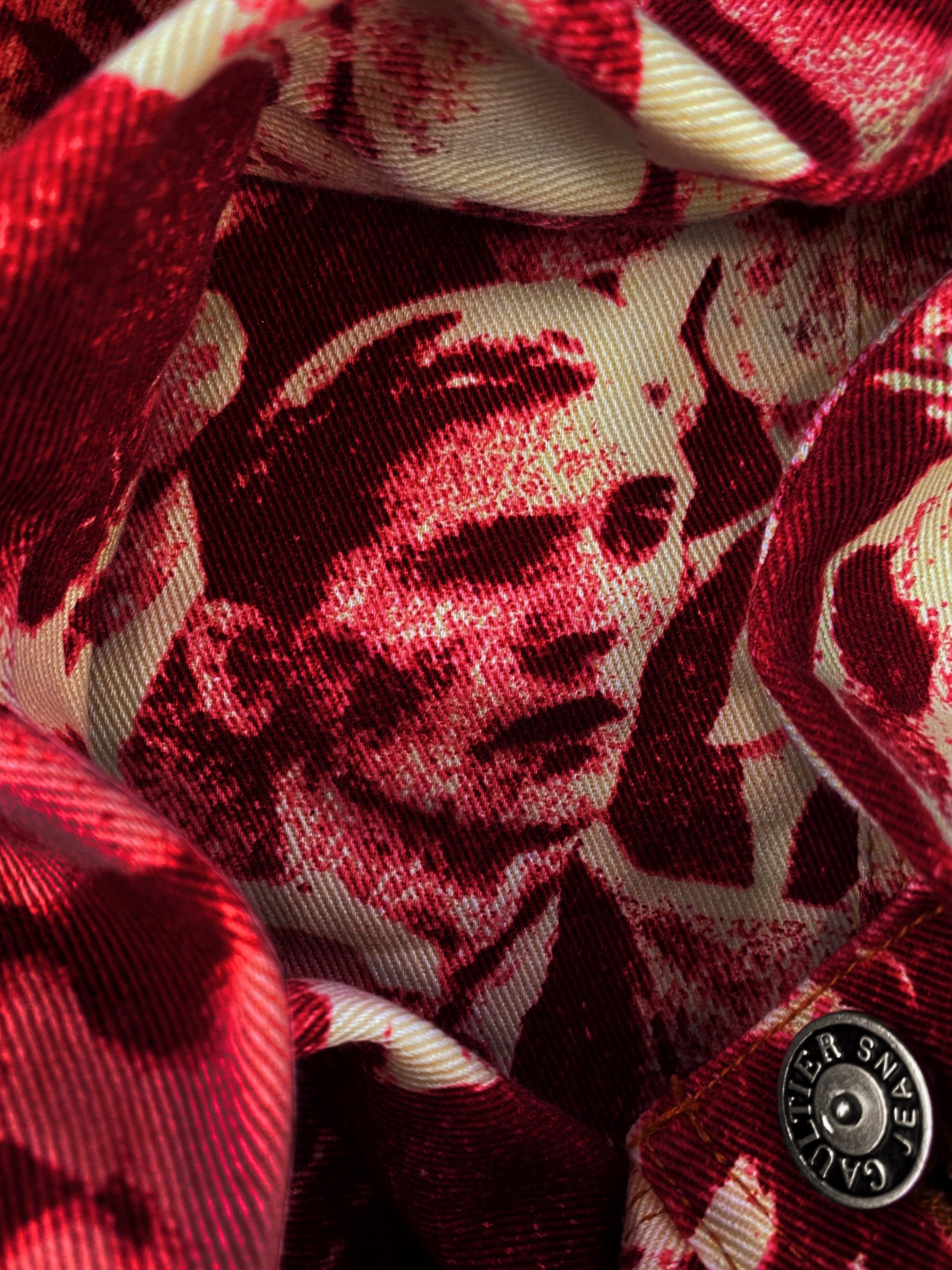 AW92 Jean Paul Gaultier “Faces” Jacquard Maroon Denim Jacket