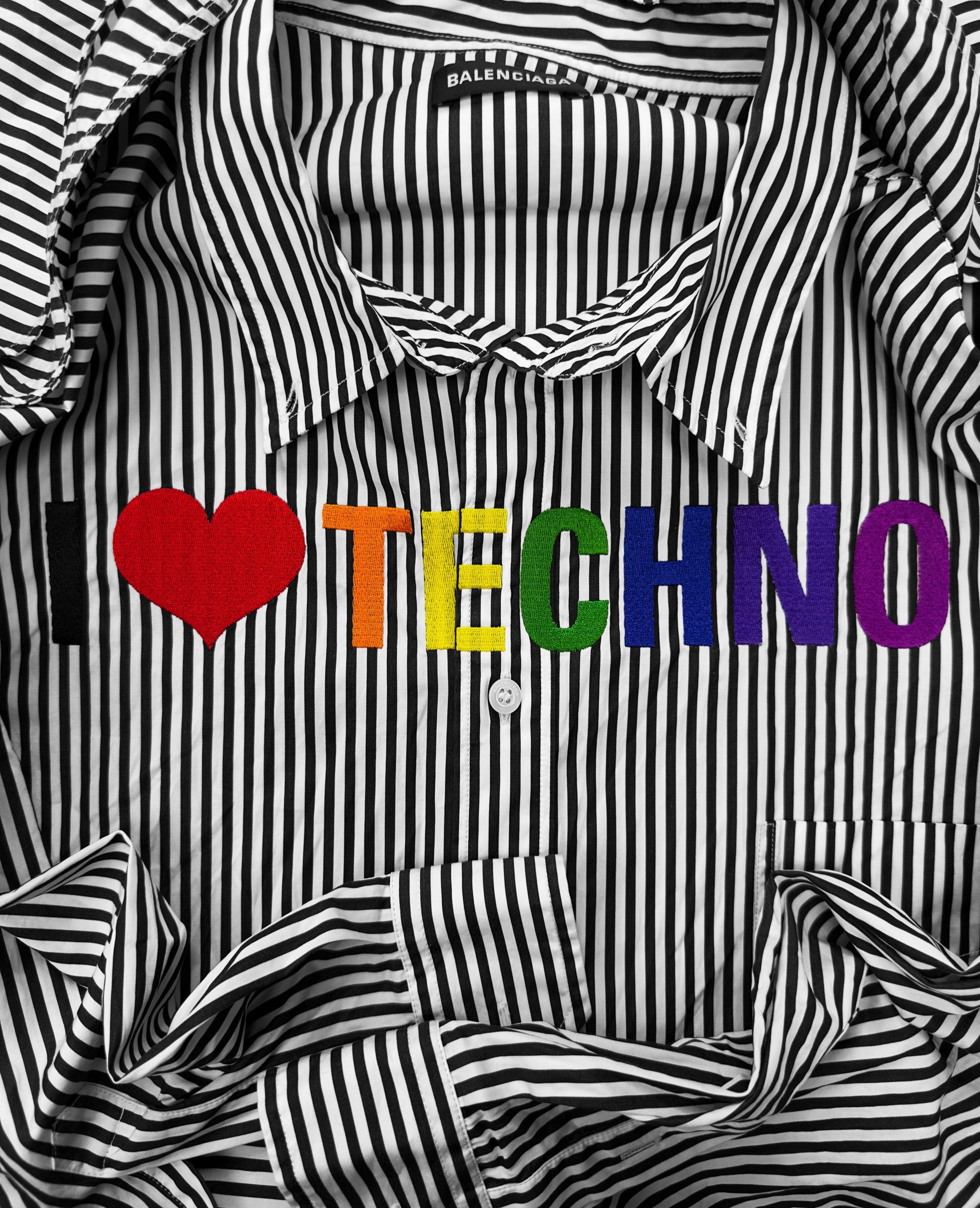 AW18 Balenciaga ‘I Love Techno’ Oversized Pinstripe Long Sleeve