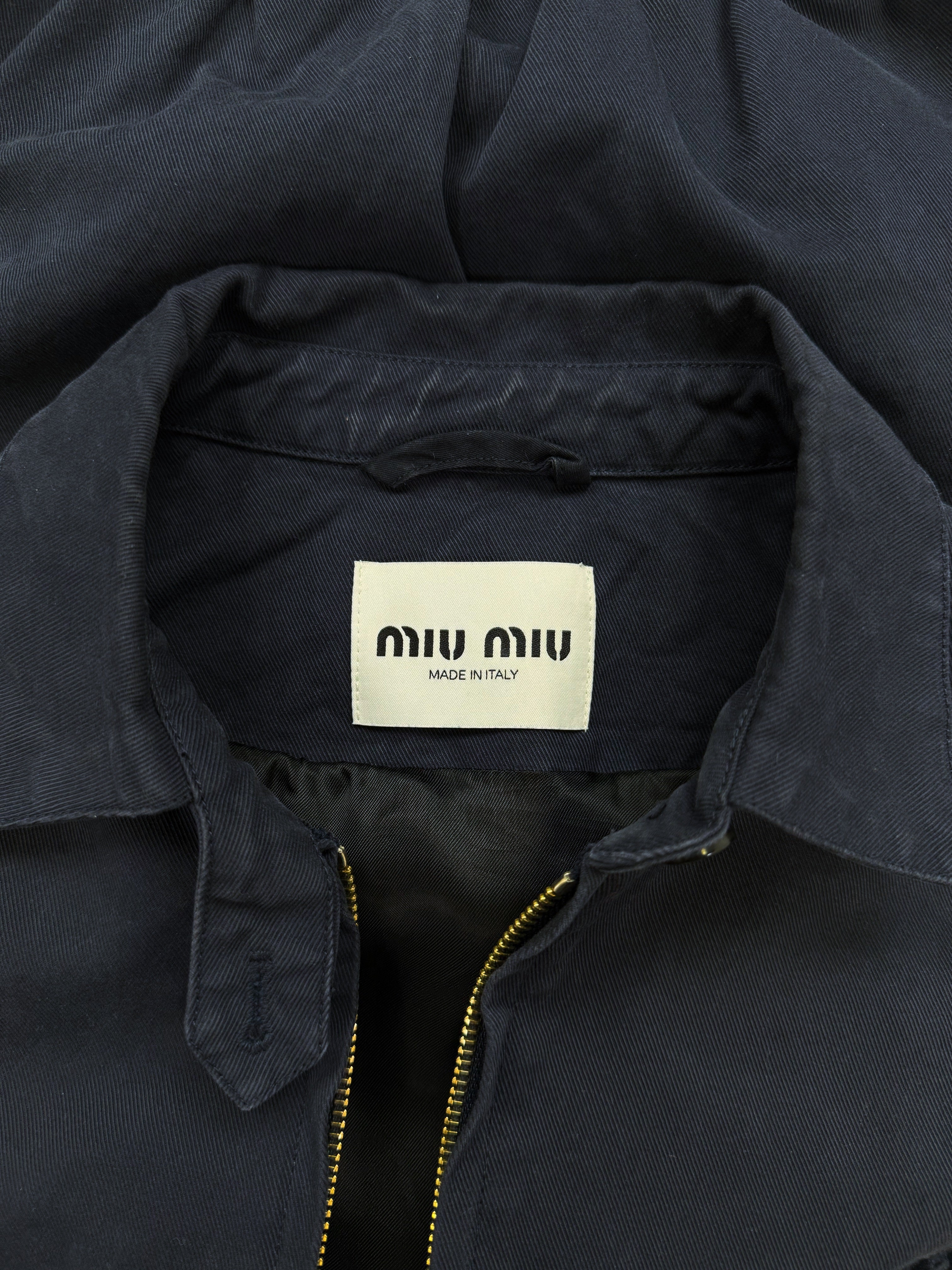 SS24 Miu Miu Embroidered Logo Dark Blue Bomber Jacket