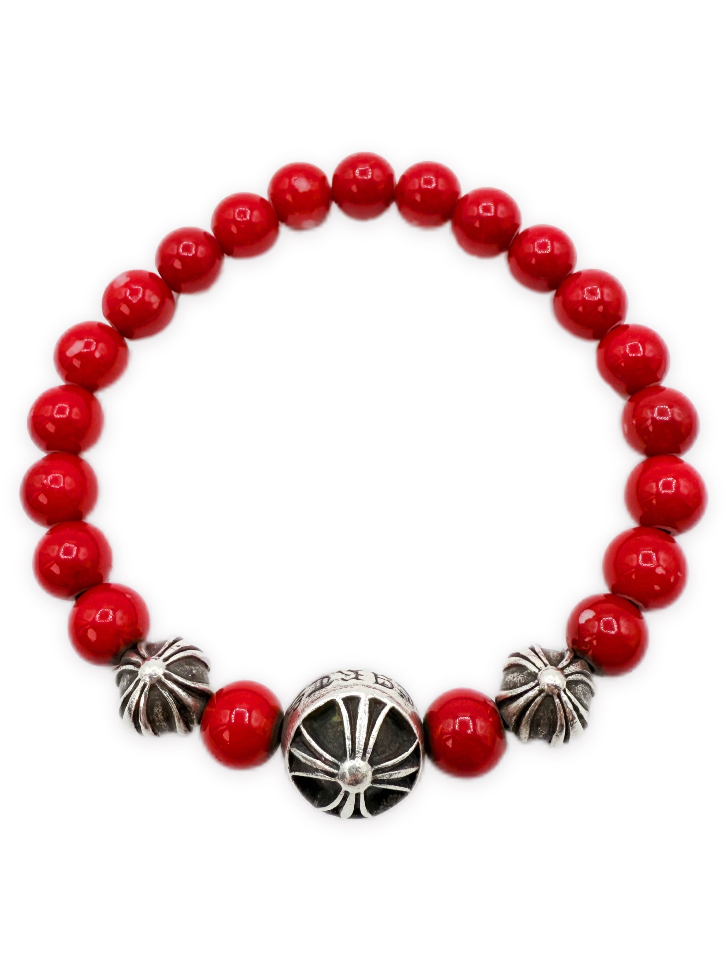 Chrome Hearts Red Beaded Plus .925 Silver Elasticated Bracelet