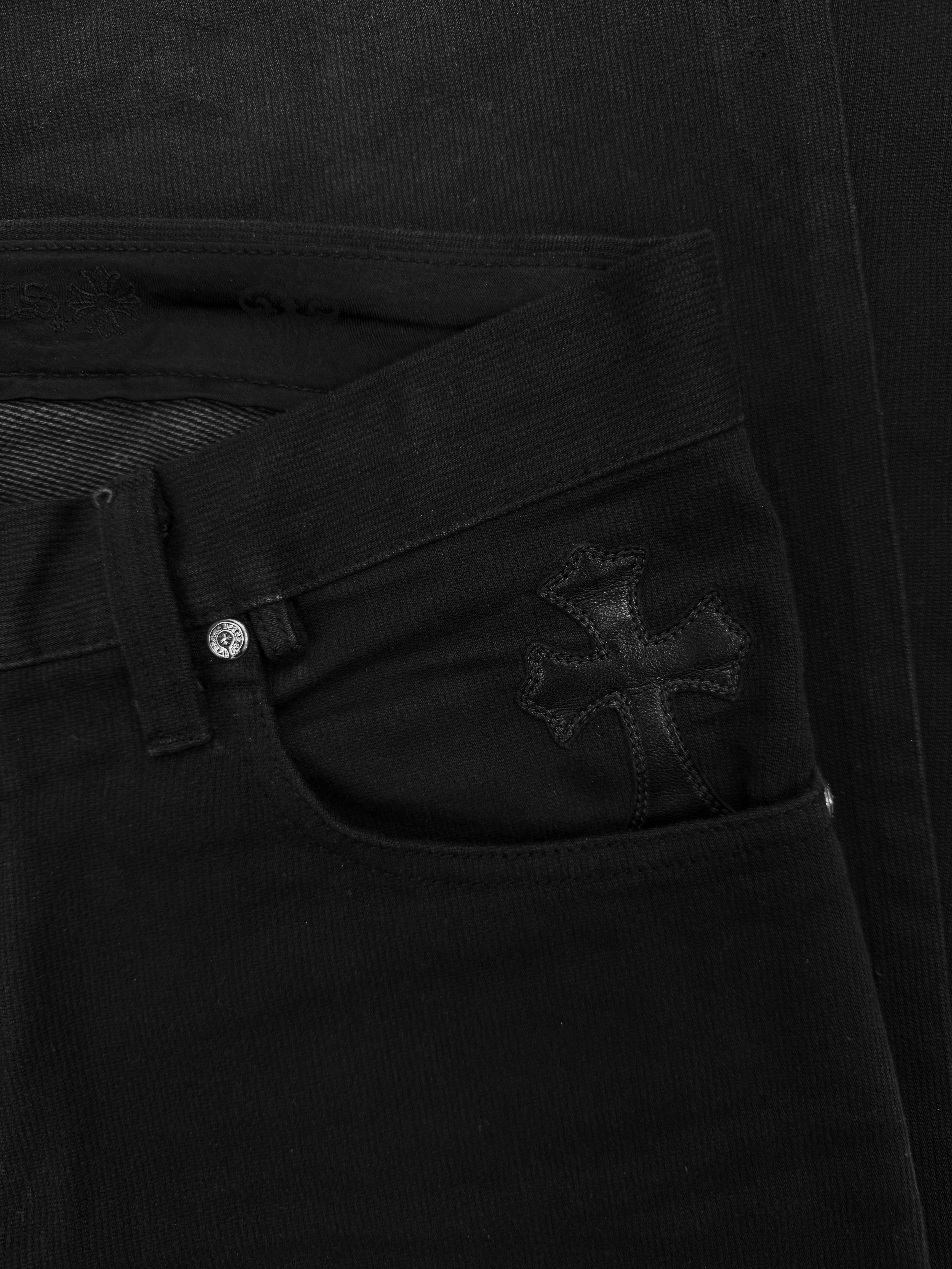 Chrome Hearts Flared 5 Leather Cross Patch Black .925 Silver Denim Jeans