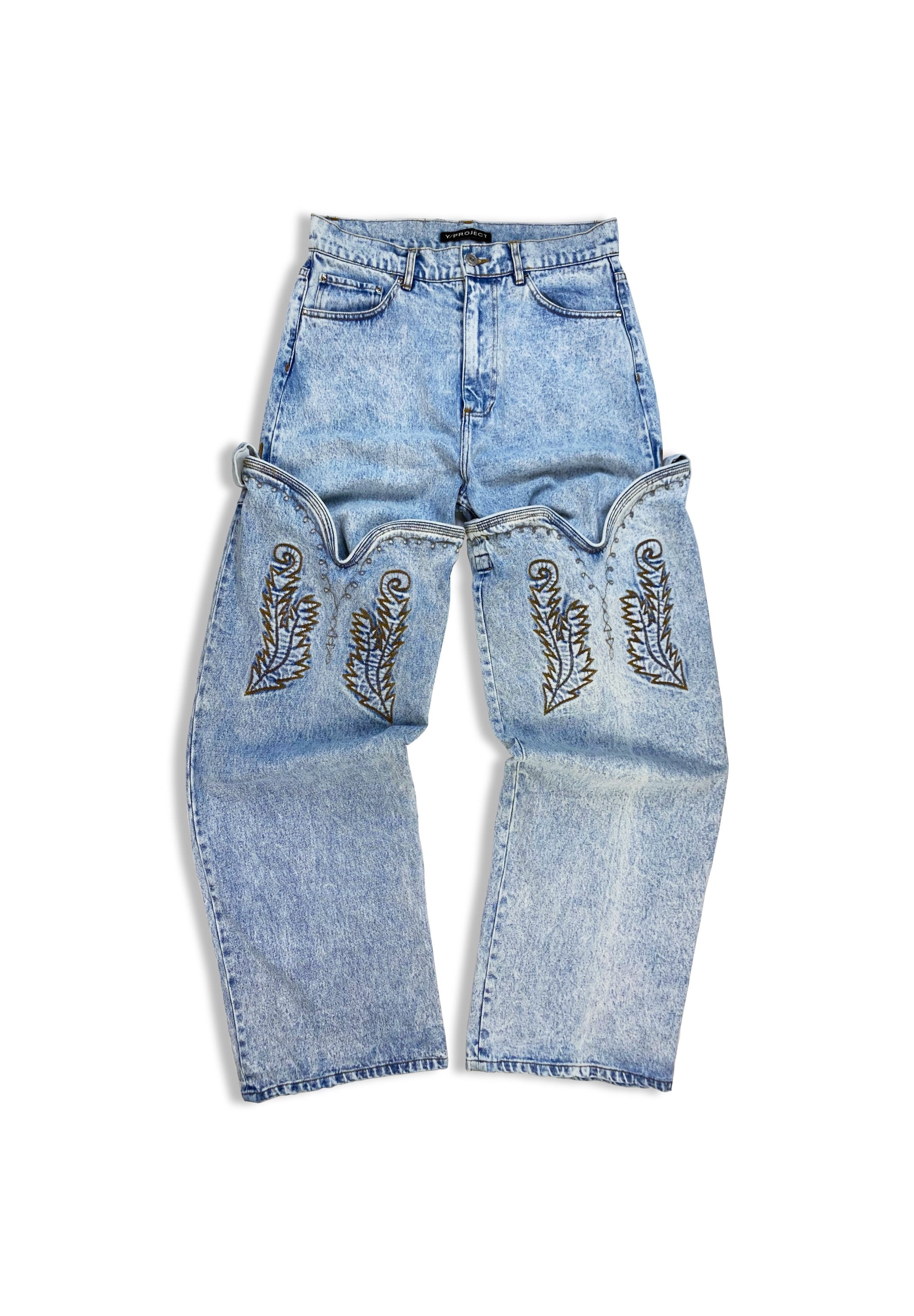 AW21 Y/Project Cowboy Cuff Acid Wash Bootcut Denim Jeans