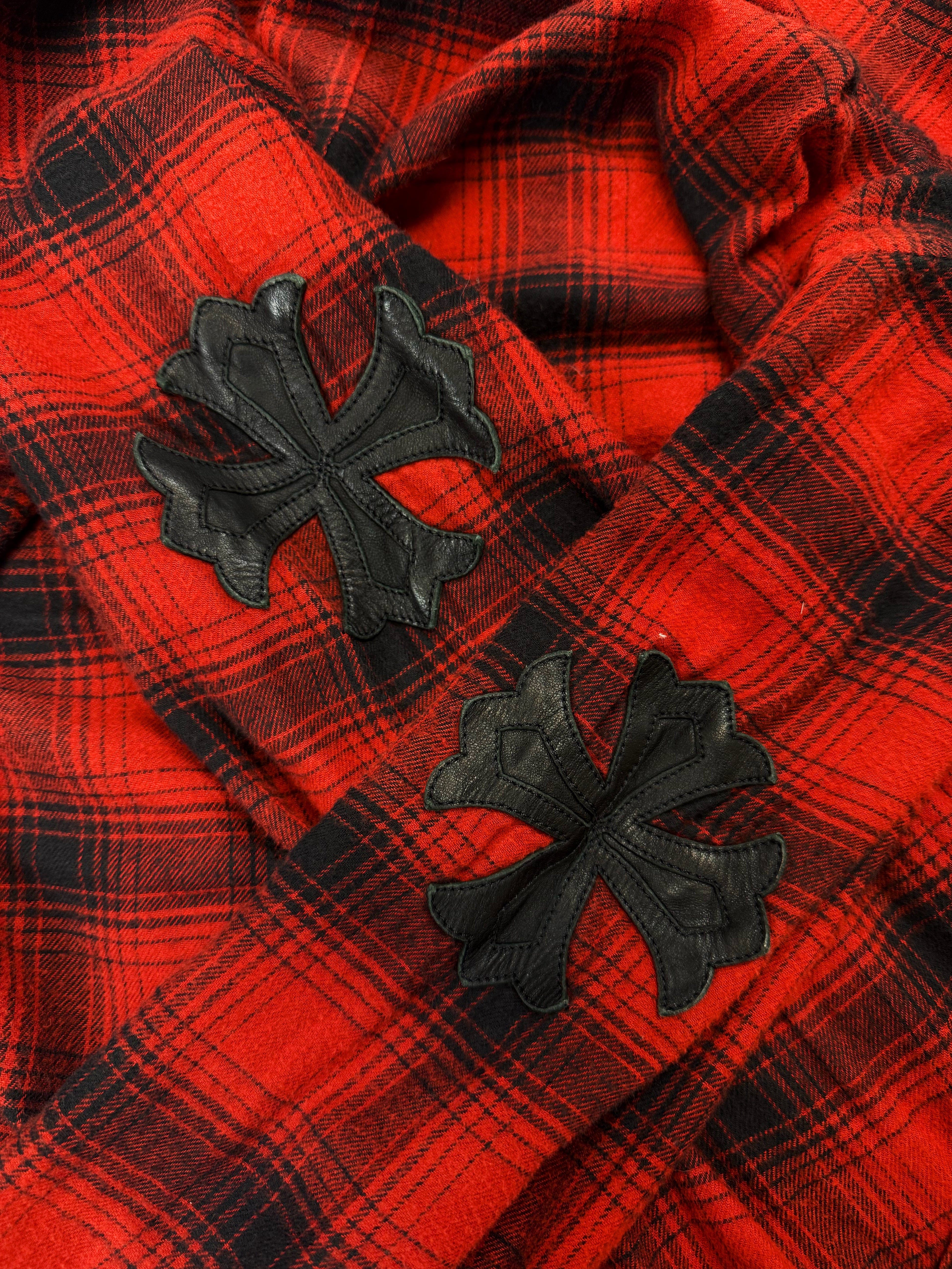 Chrome Hearts Dual Plus Patch Red Checkered Flannel Shirt