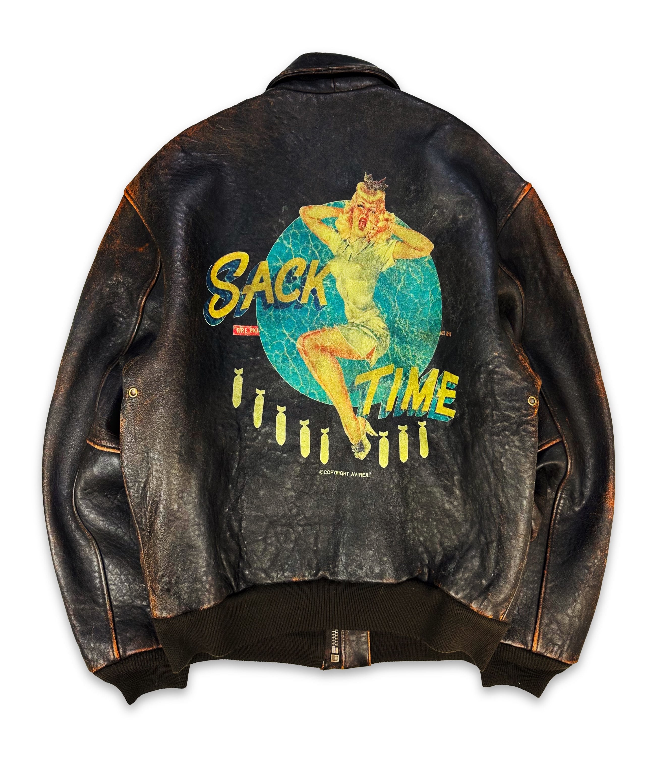 90s Avirex ‘Sack Time’ Pin-Up Girl Hand Painted Leather Bomber Jacket