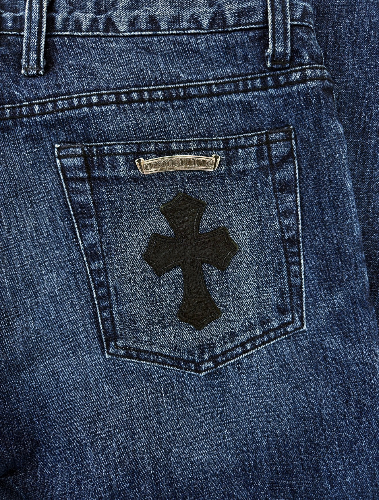 Chrome Hearts Dual Leather Cross Patch Flared Blue Wash Denim Jeans