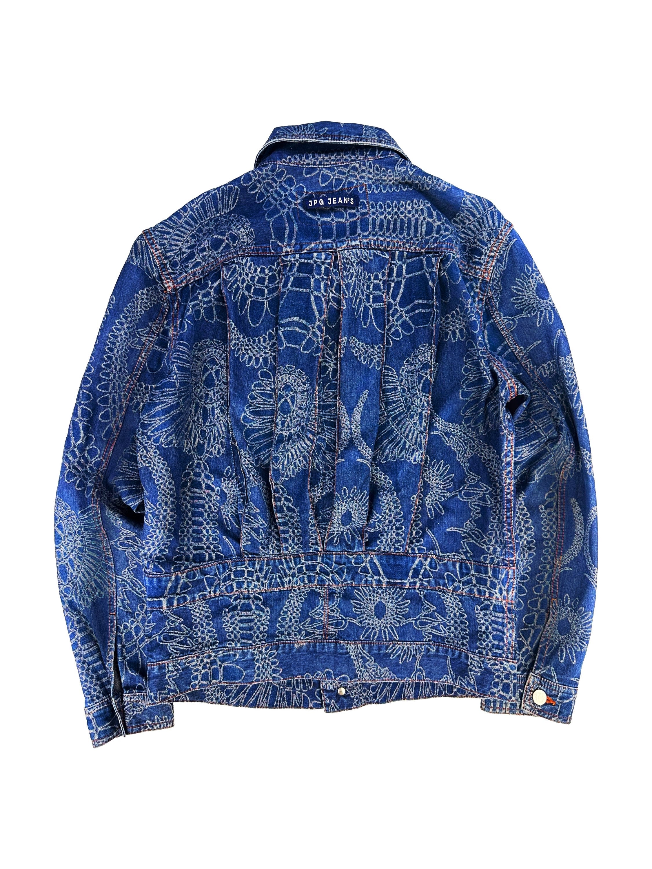 90s Jean Paul Gaultier ‘Sun’ Tribal Motif Pleated Blue Denim Jacket