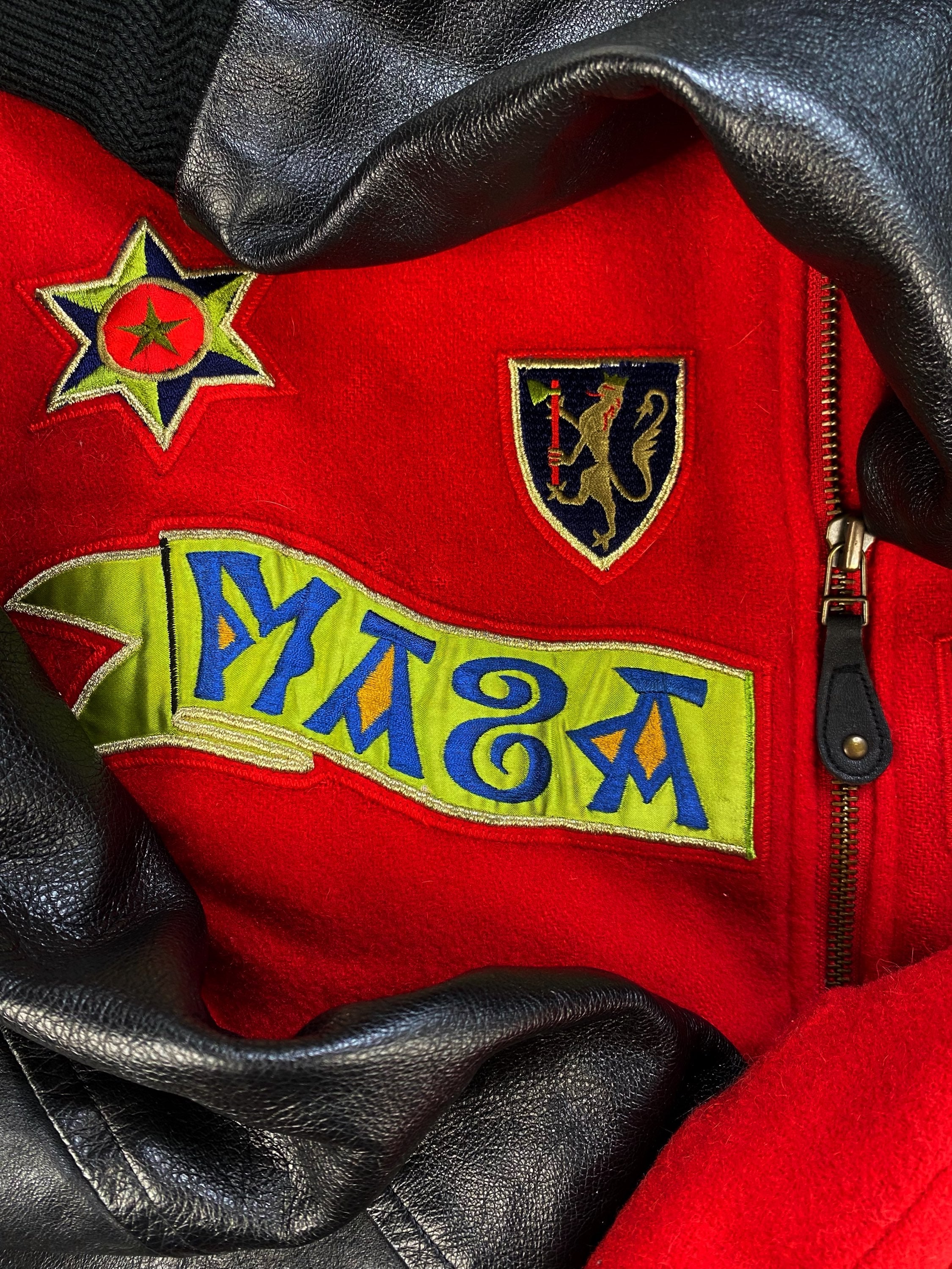 90s Kansai Yamamoto O2 Leather Patched Cherry Red Varsity Jacket