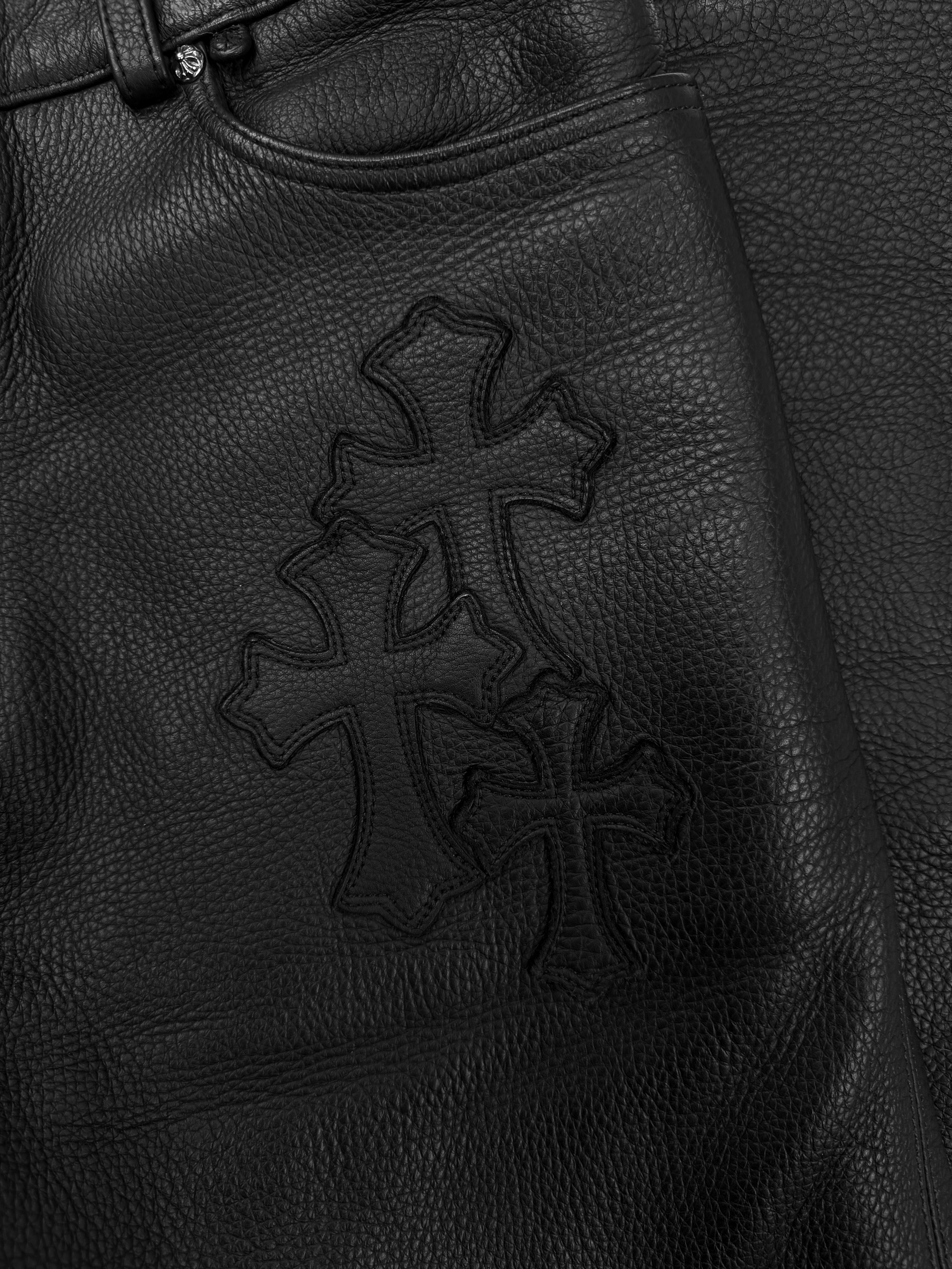 Chrome Hearts 20 Cross Patch Black Leather Heavy Weight .925 Silver Pants