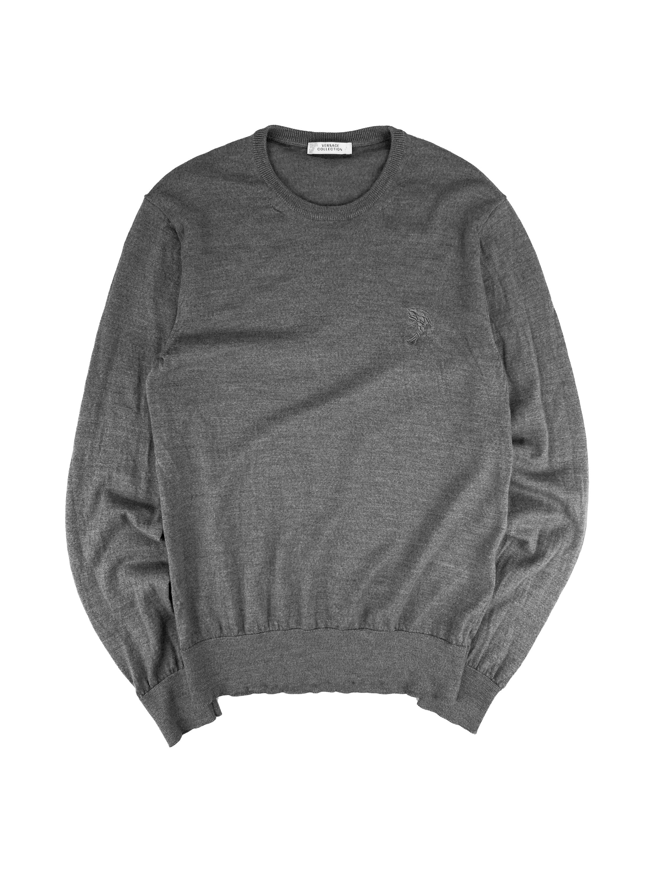 00s Versace Embroidered Logo Grey Knit Sweater