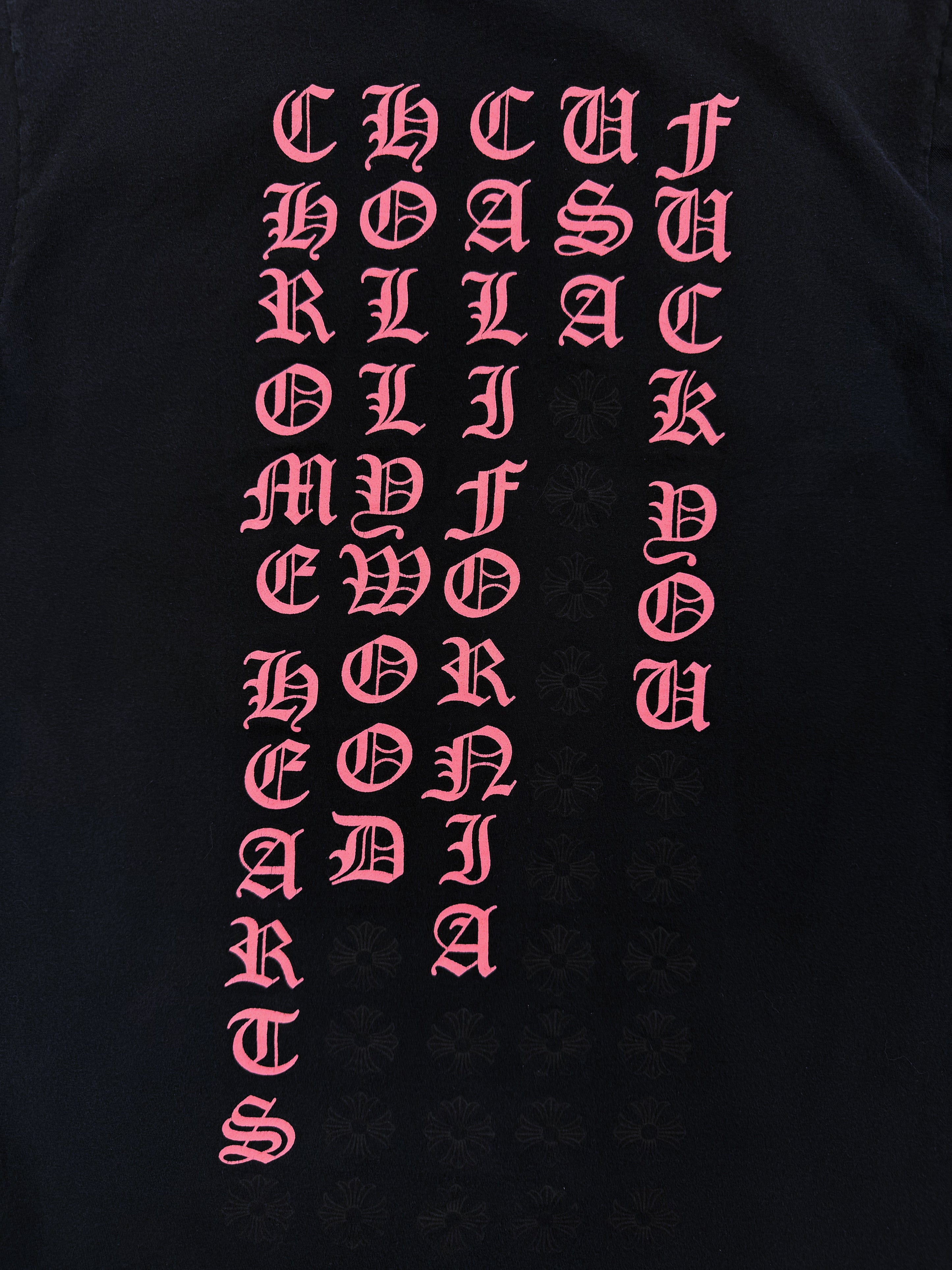 Chrome Hearts Pink Hollywood Vertical Logo Fuck You Black Logo T-Shirt