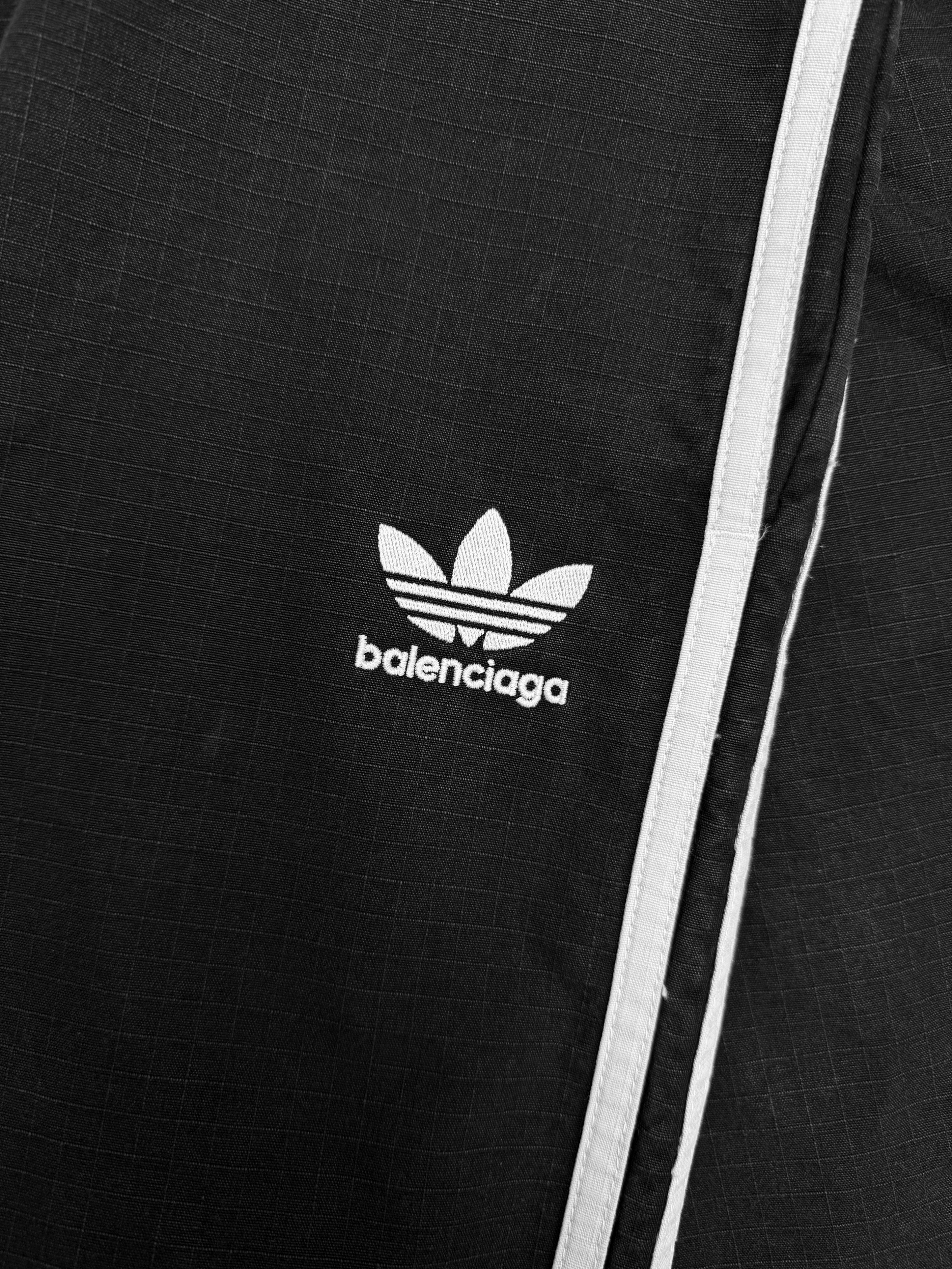 SS23 Balenciaga x Adidas Triple Stipe Black 3/4 Length Ripstop Shorts