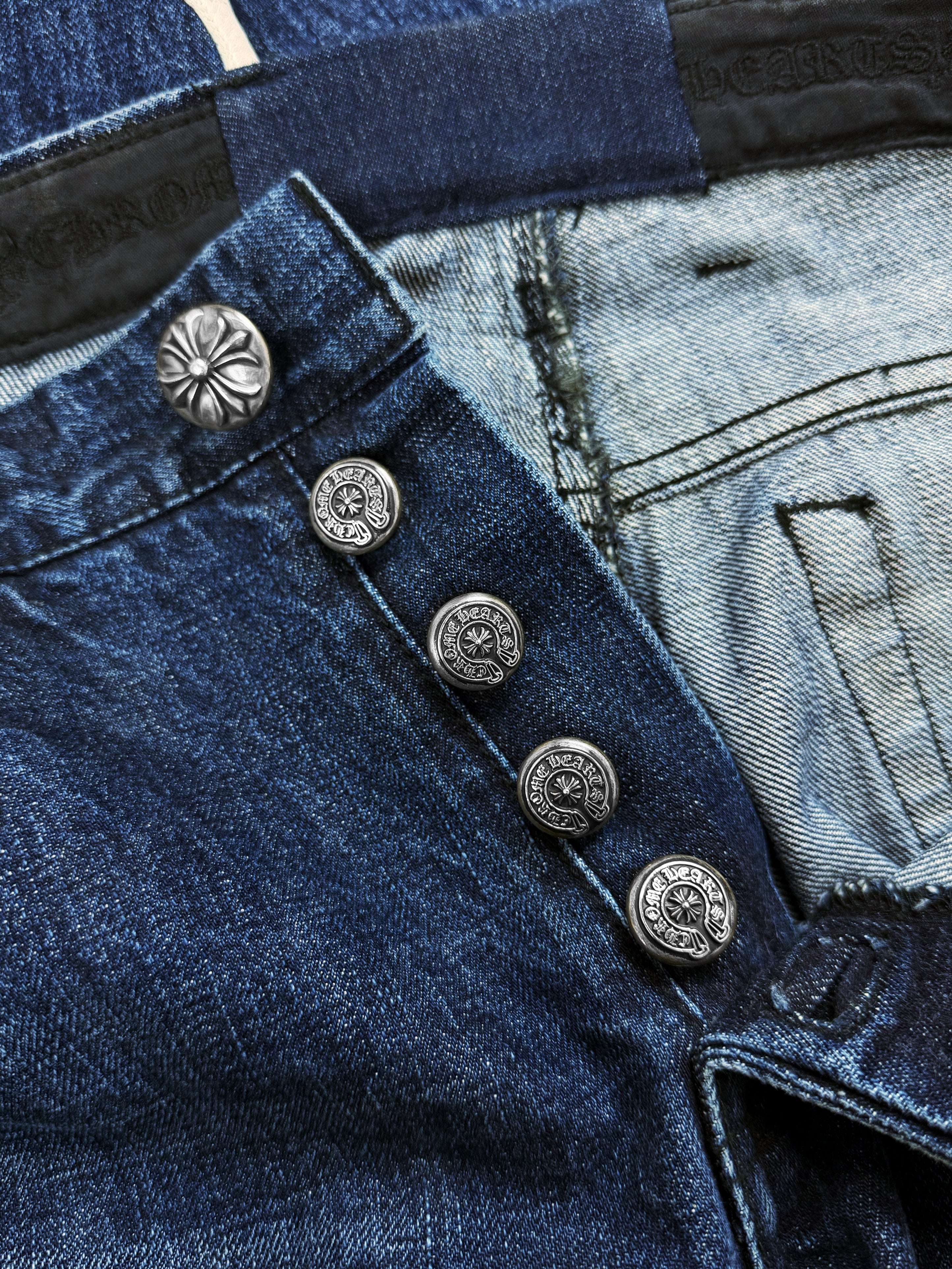 Chrome Hearts 35 Cross Patch Blue Fleur Knee .925 Silver Jeans
