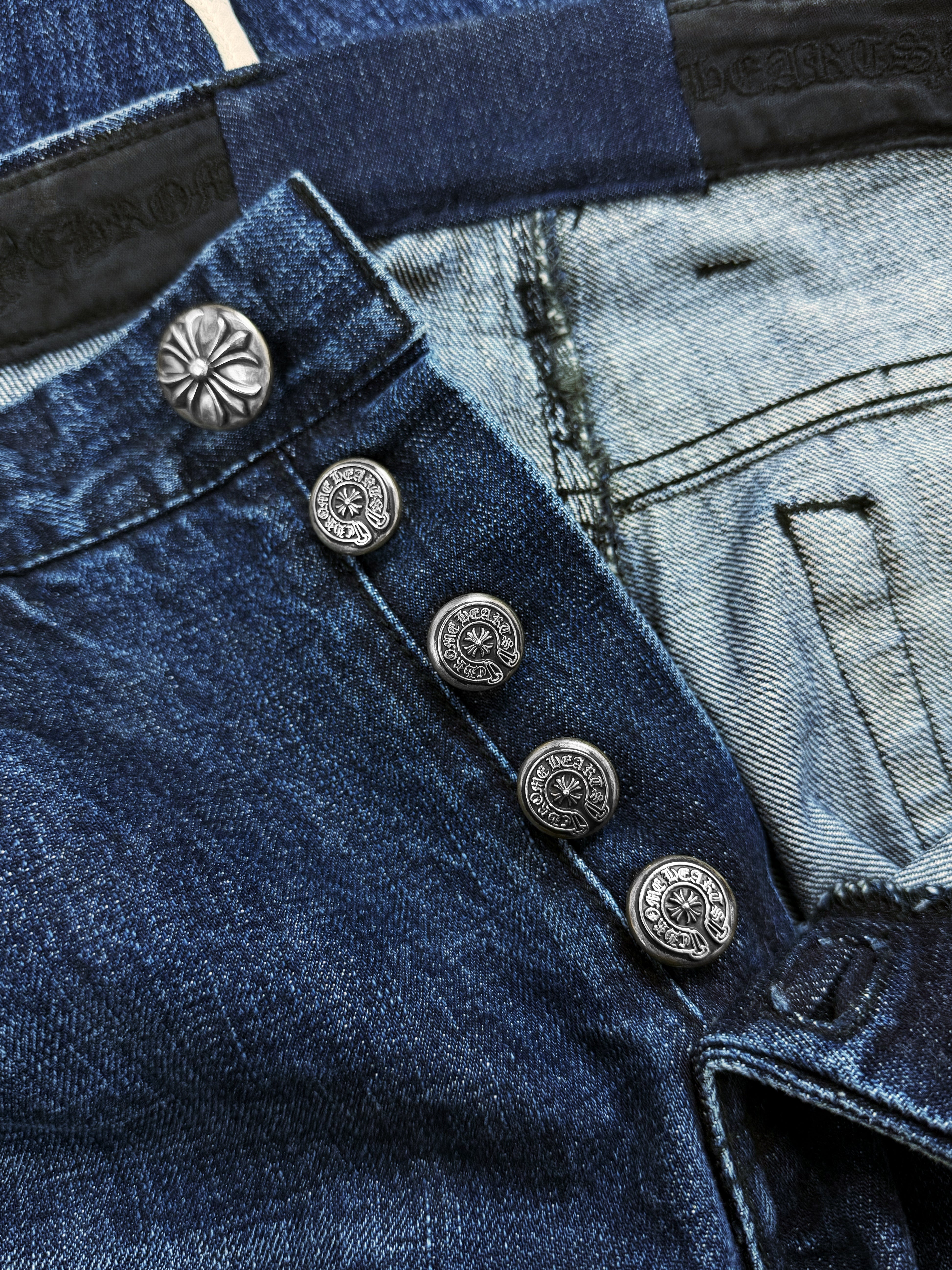 Chrome Hearts 35 Cross Patch Blue Fleur Knee .925 Silver Jeans