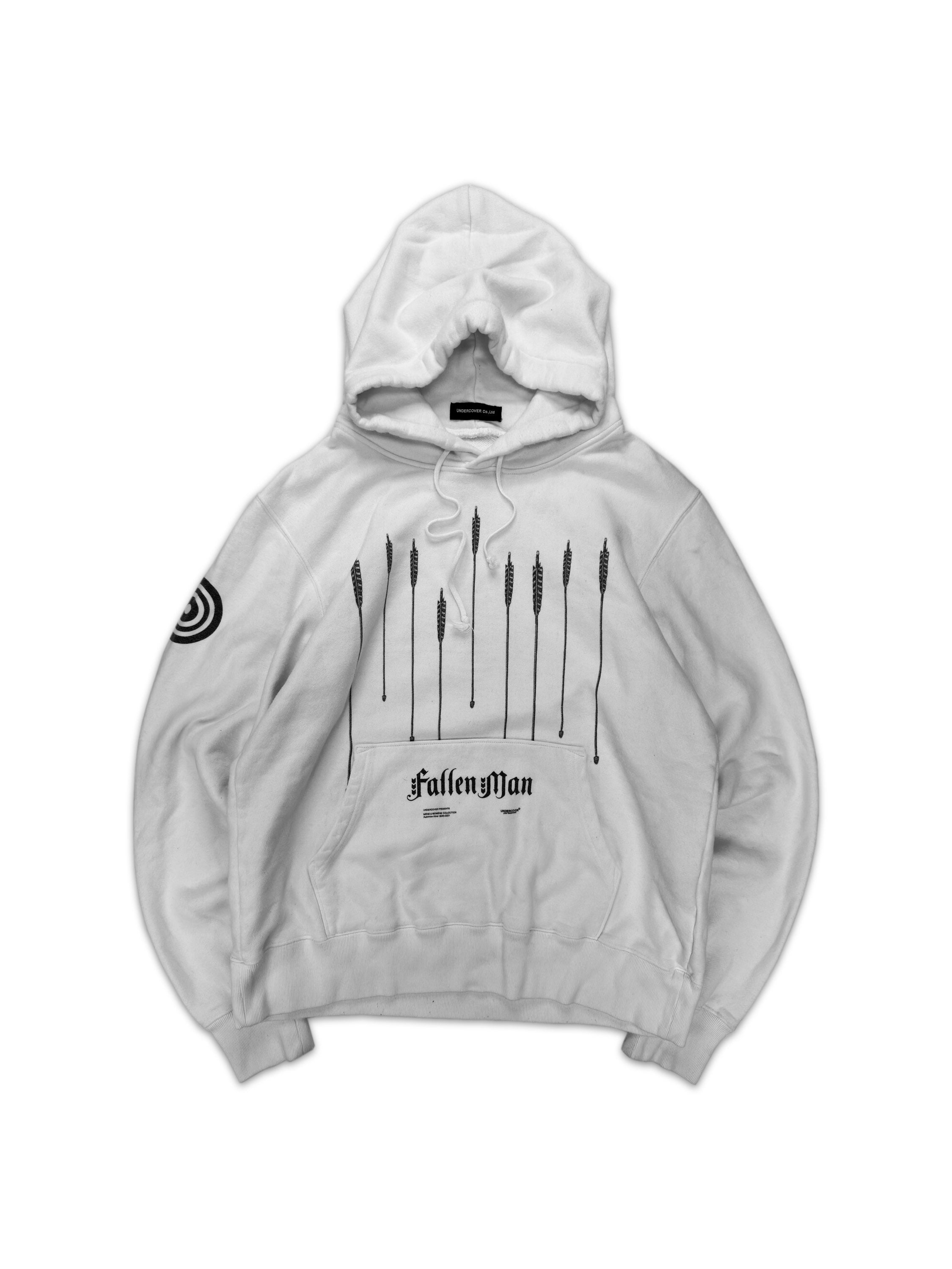 AW20 Undercover ‘Fallen Man’ Arrow Graphic White Hoodie