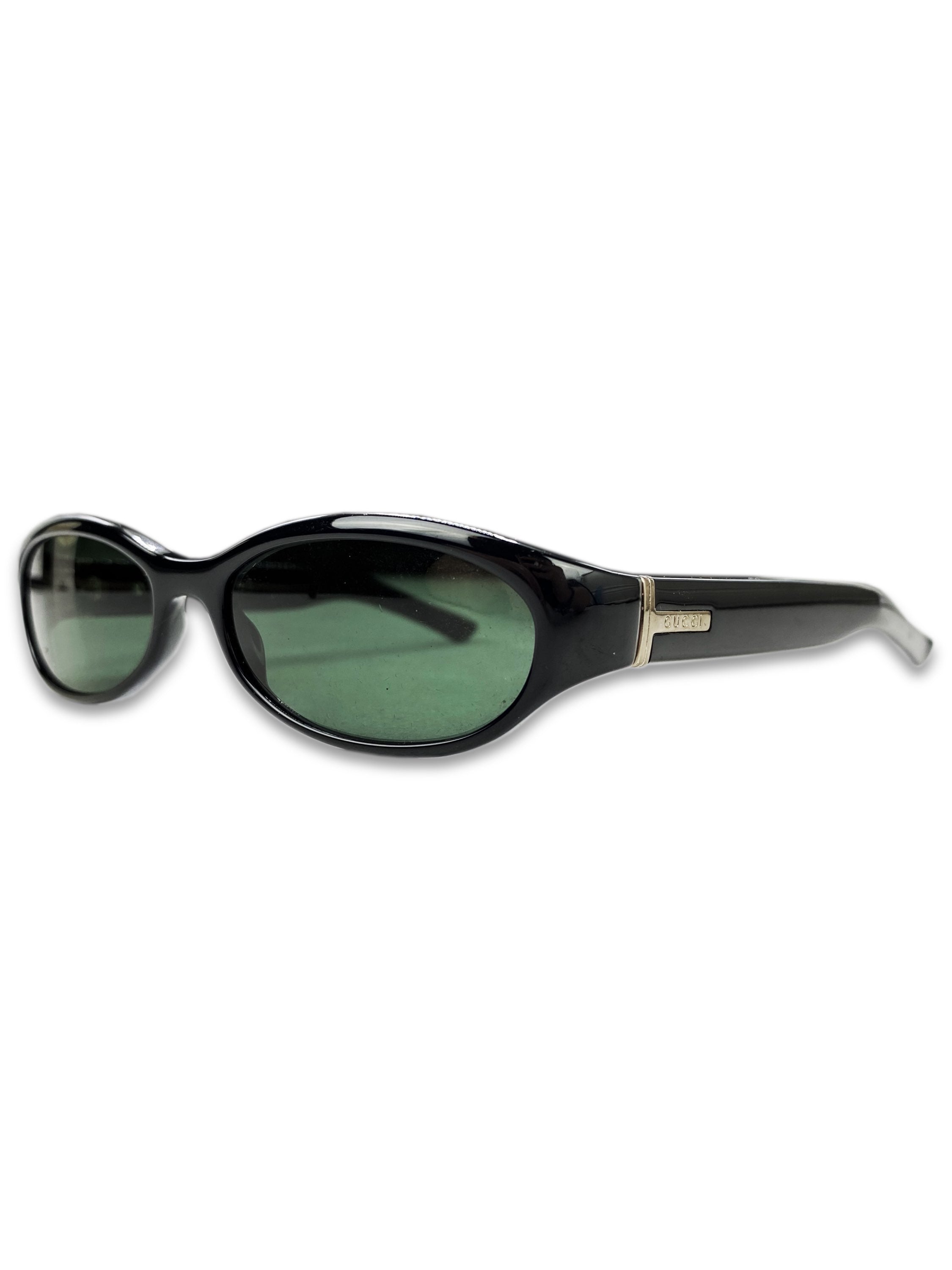 Gucci Rounded Frame Metallic Etched Logo Green Tint Sunglasses