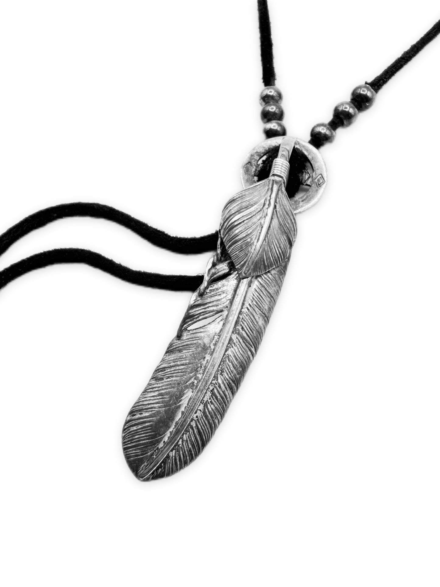 Goros Silver Feather Wheel Bead Leather Necklace Setup