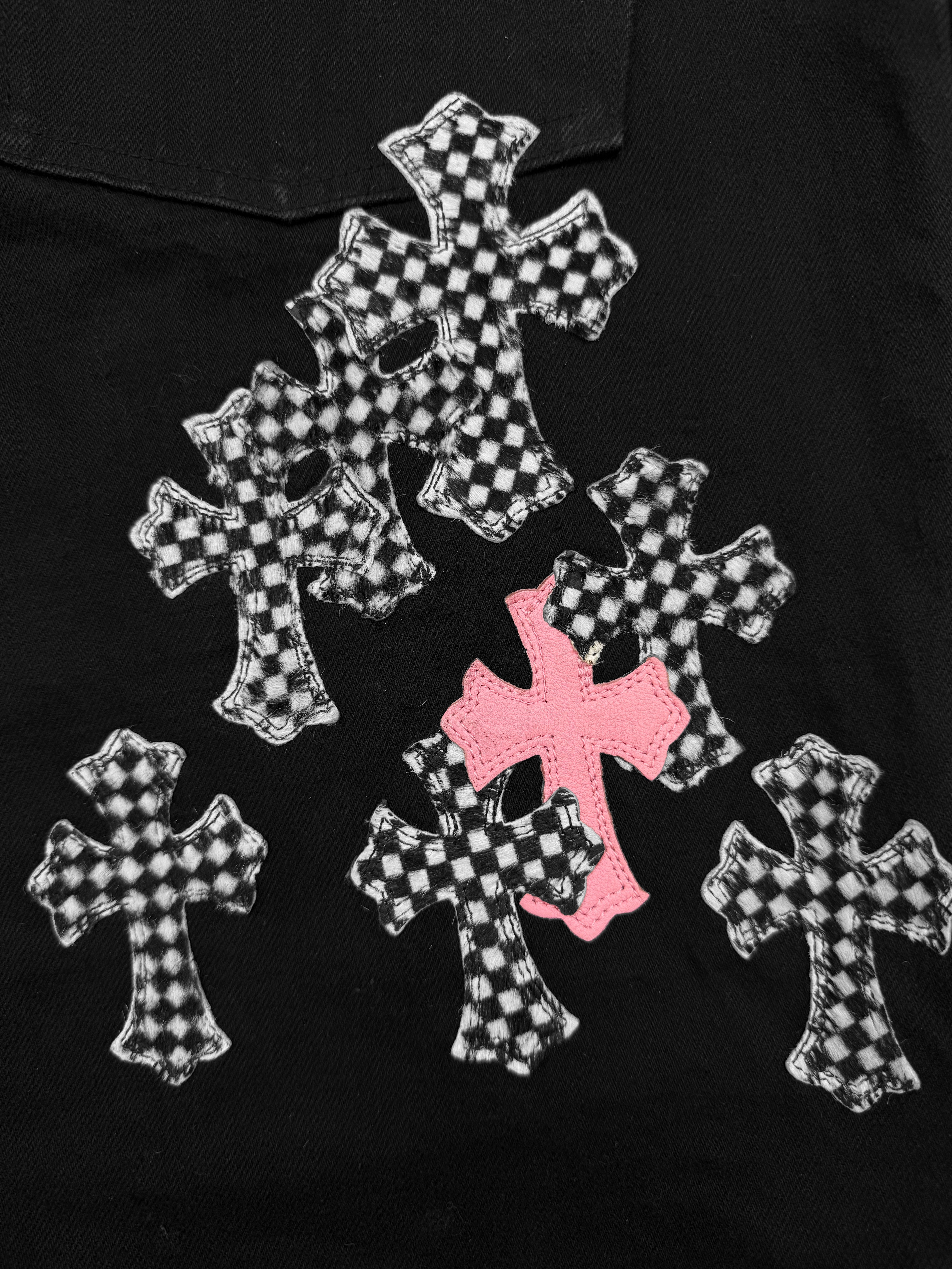 Chrome Hearts Checkered Pink Cross Patch Fleur Knee Denim