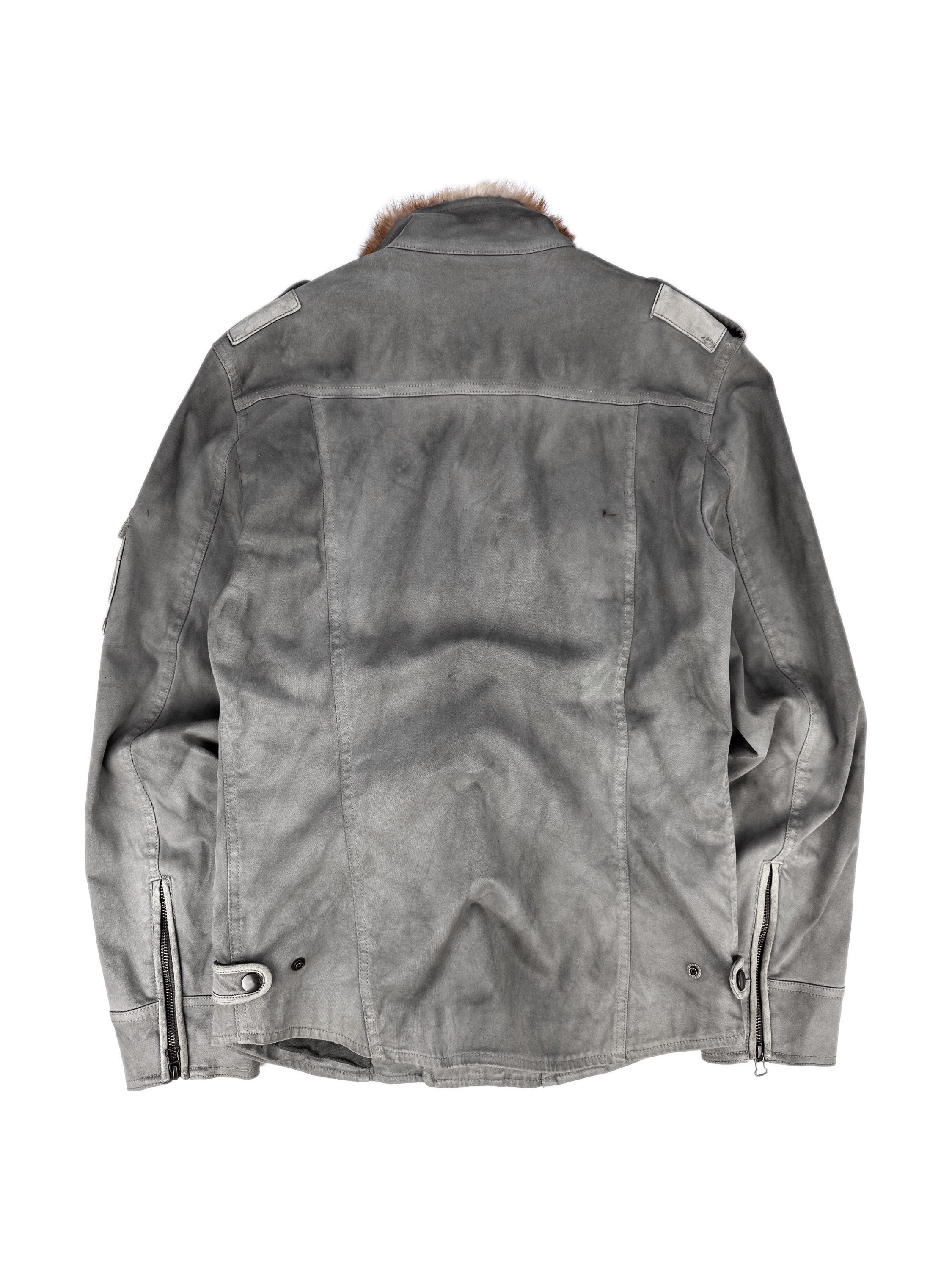 Tete Homme Ash Grey High Collar Fur Denim Cargo Jacket