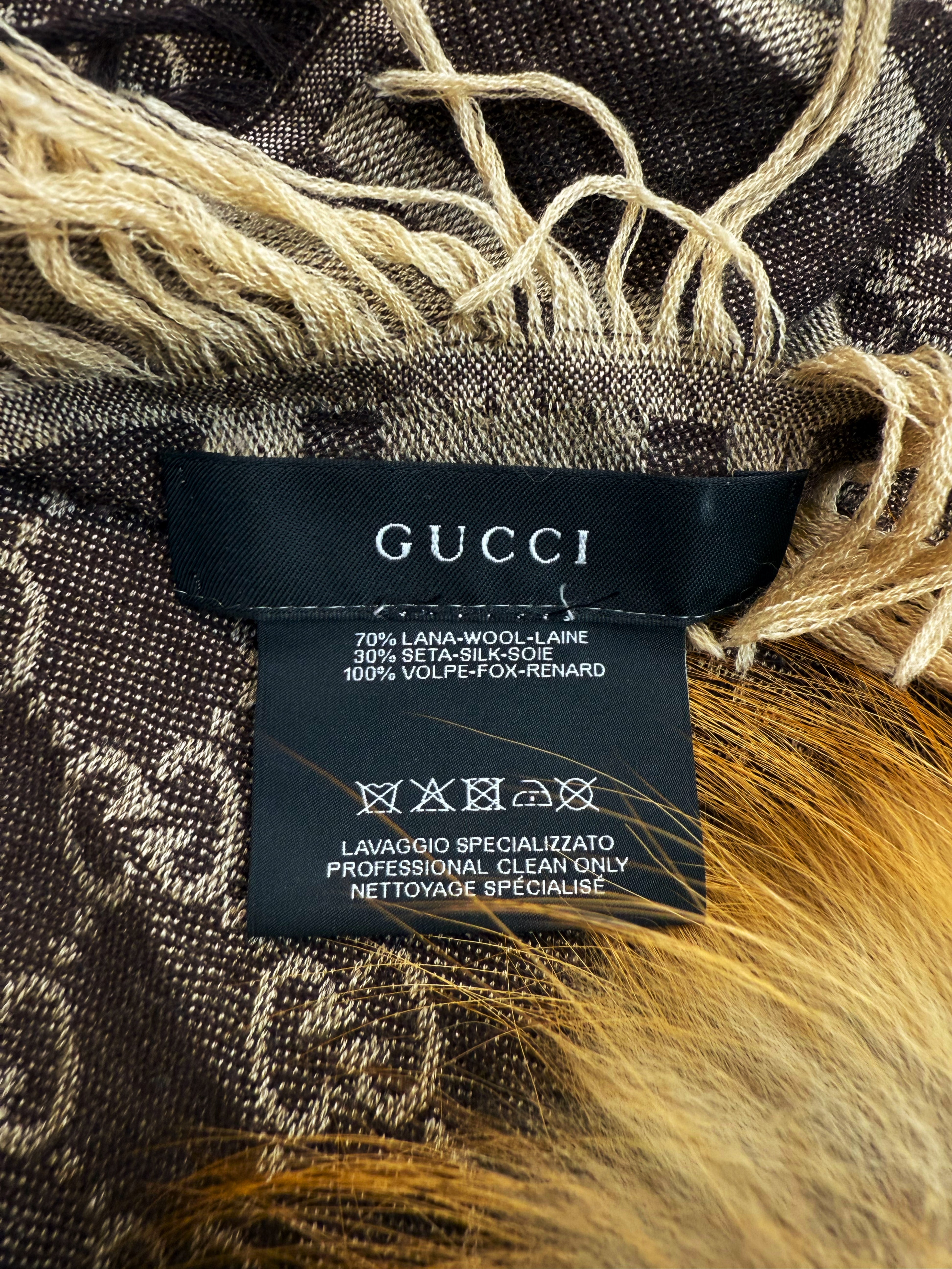 Gucci GG Monogram Fox Fur Silk / Wool Fringe Shall Scarf