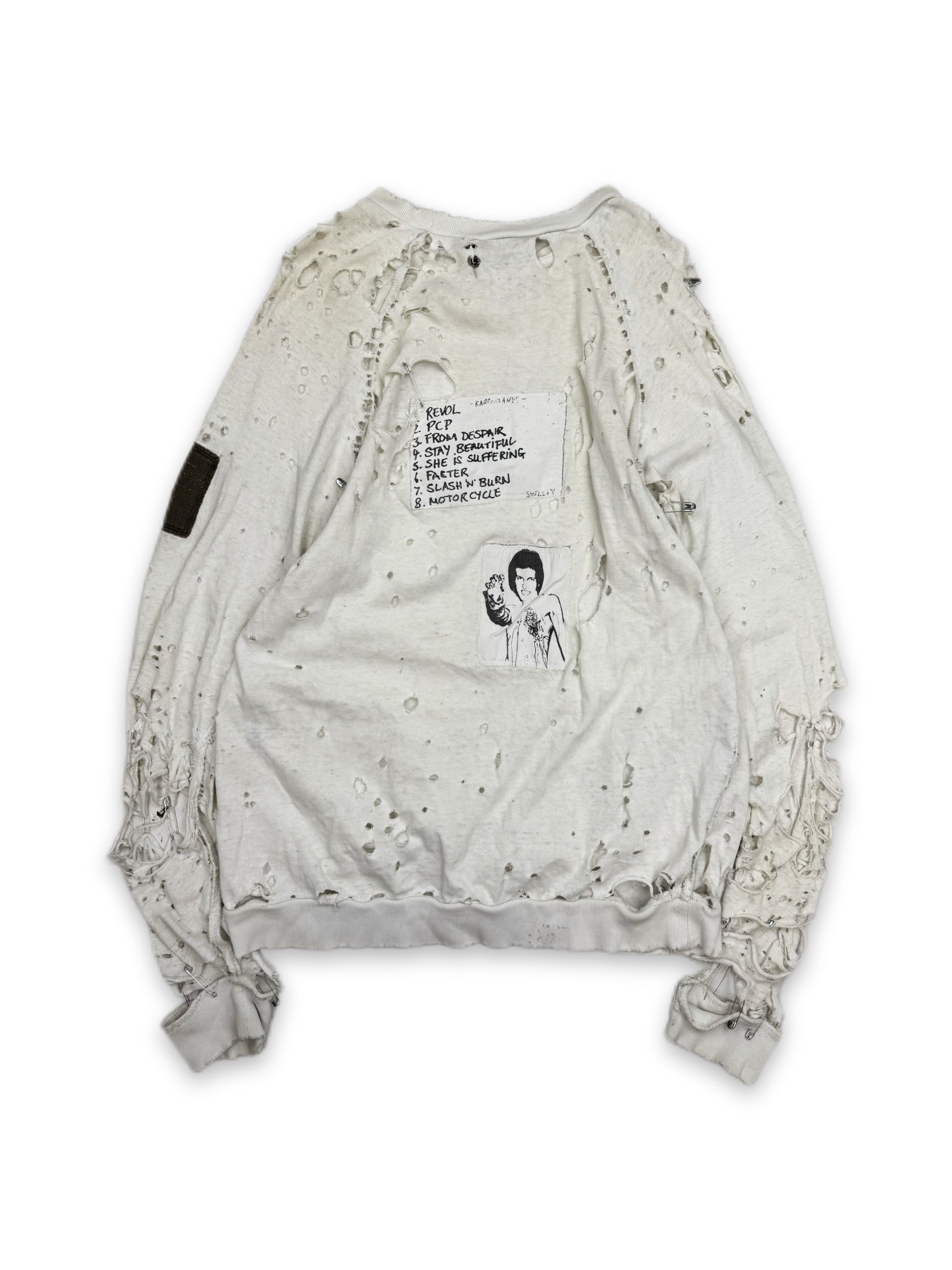 AW01 Raf Simons ‘Riot Riot Riot’ White Distressed Patchwork Crewneck