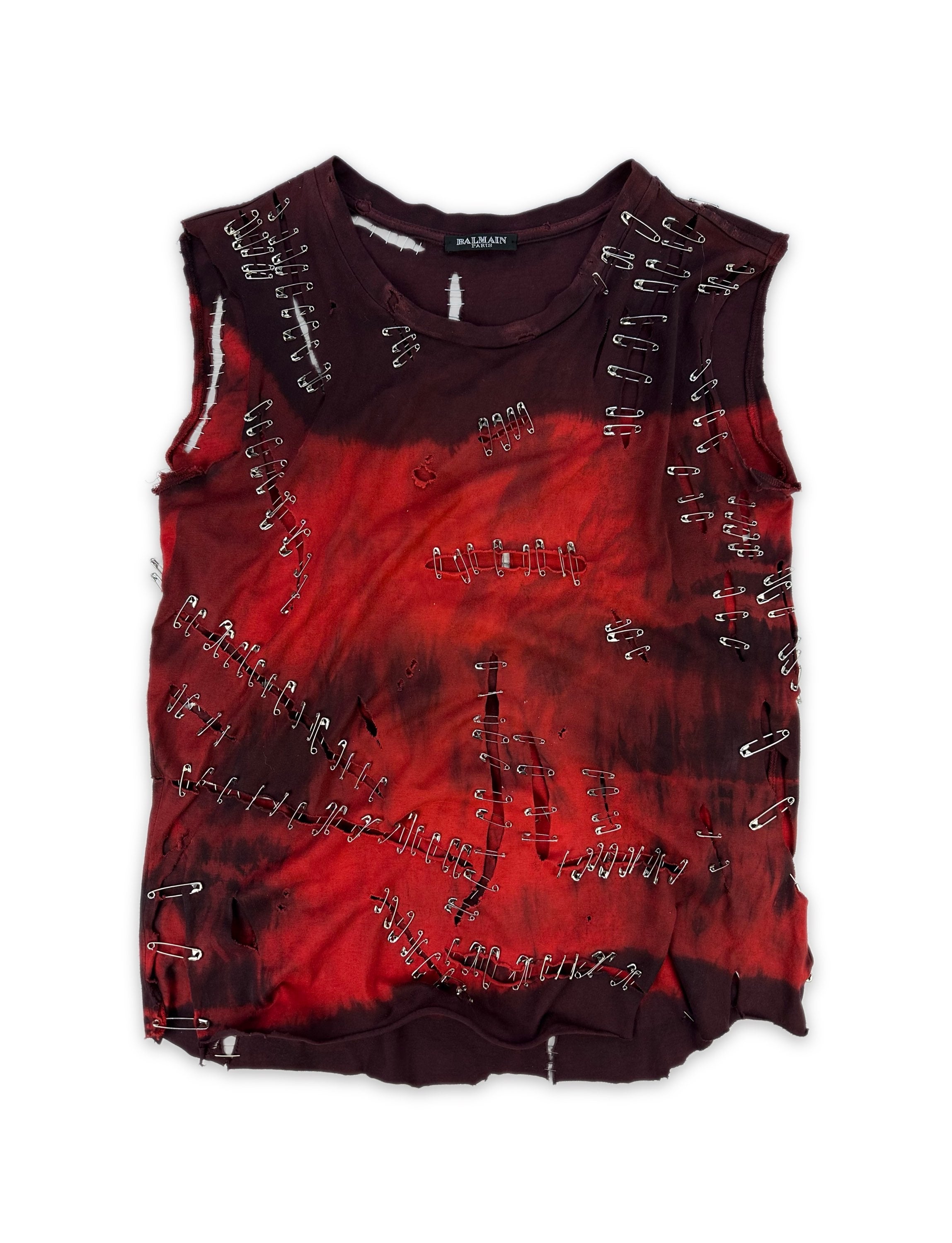 SS11 Balmain by Christophe Decarnin ‘Safety Pin’ Distressed Blood Red Tank Top
