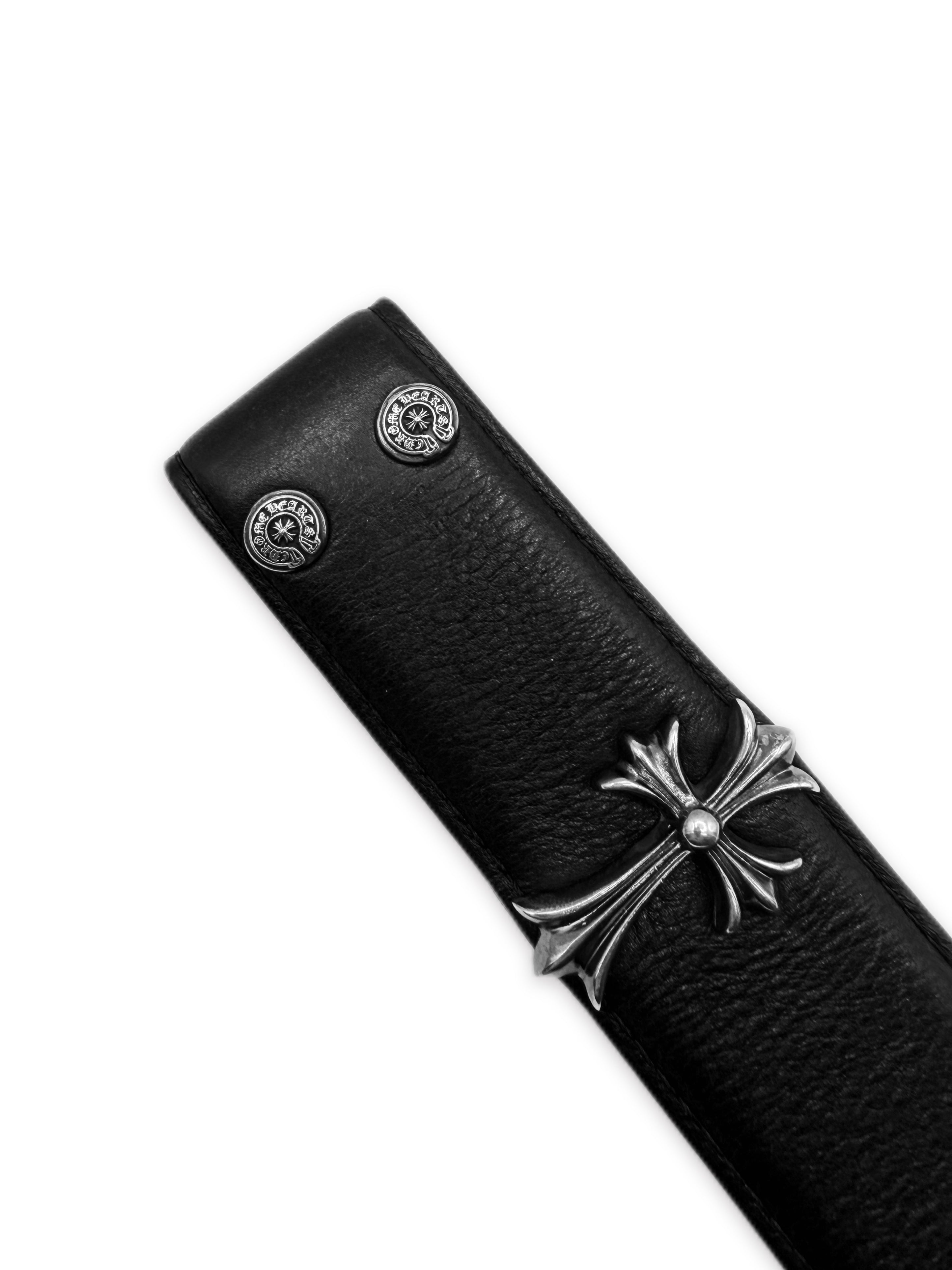 Chrome Hearts Cemetery Cross Pendant Black Leather .925 Silver Belt Strap
