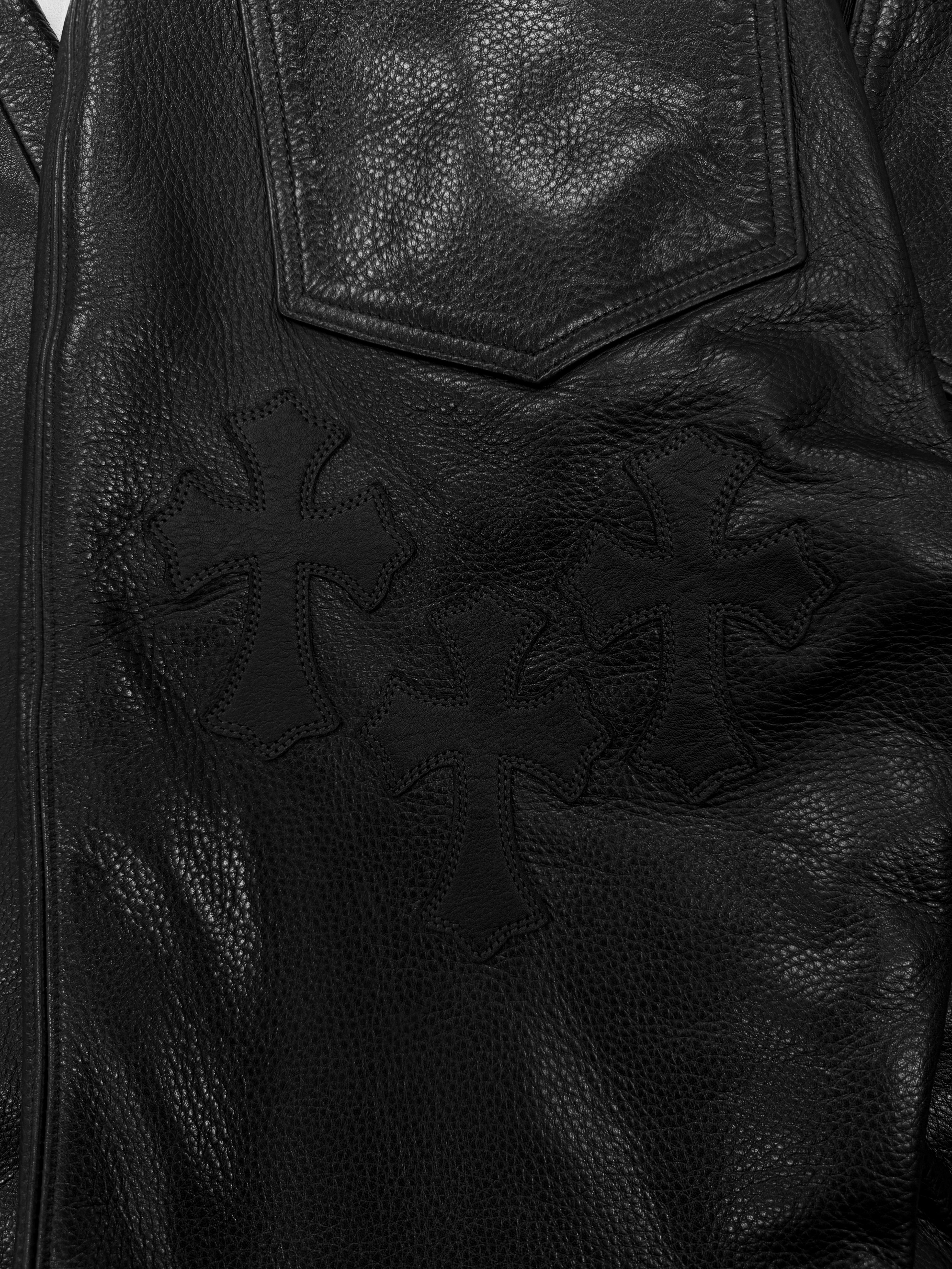 Chrome Hearts Pink 19 Cross Patch Black Leather Fleur Knee Pants