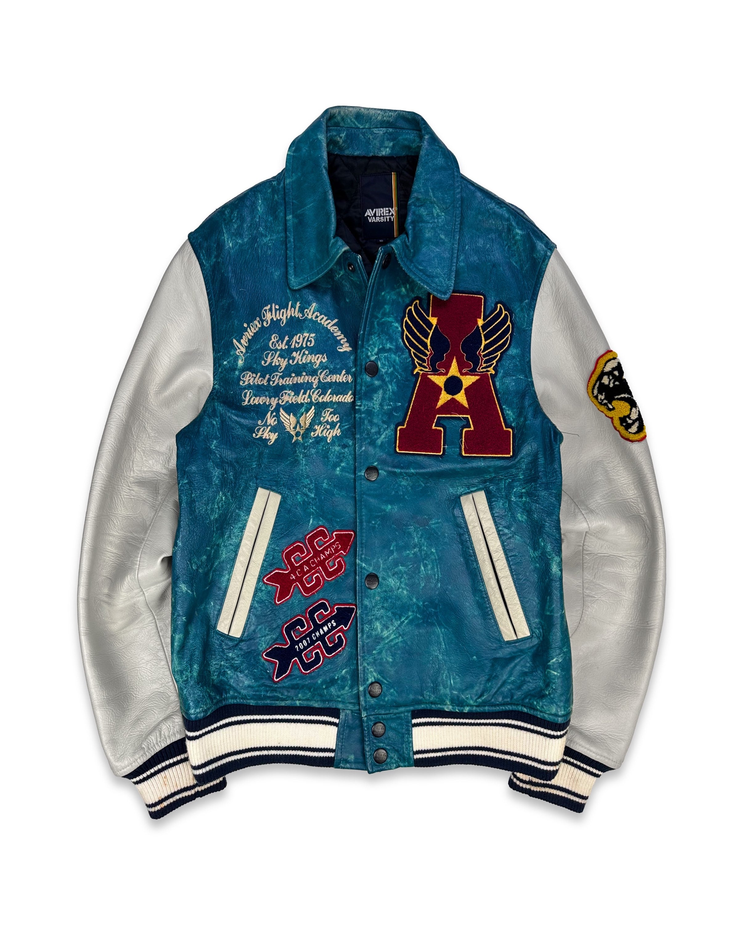 1980s Avirex ‘Skull’ Leather Two Tone Patched Varsity Jacket
