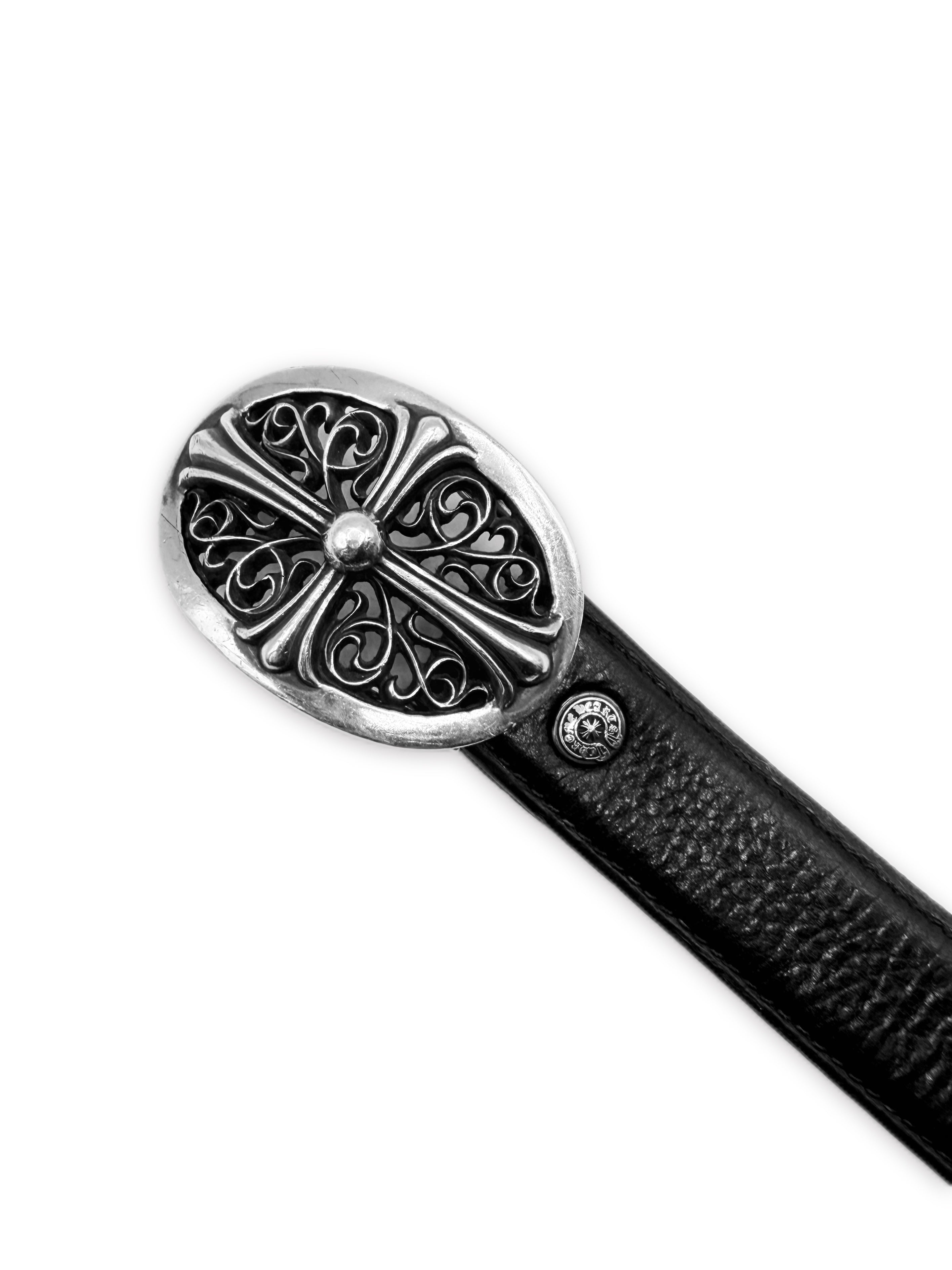 Chrome Hearts 1 in Oval Buckle + Black Leather .925 Silver Belt Strap Set
