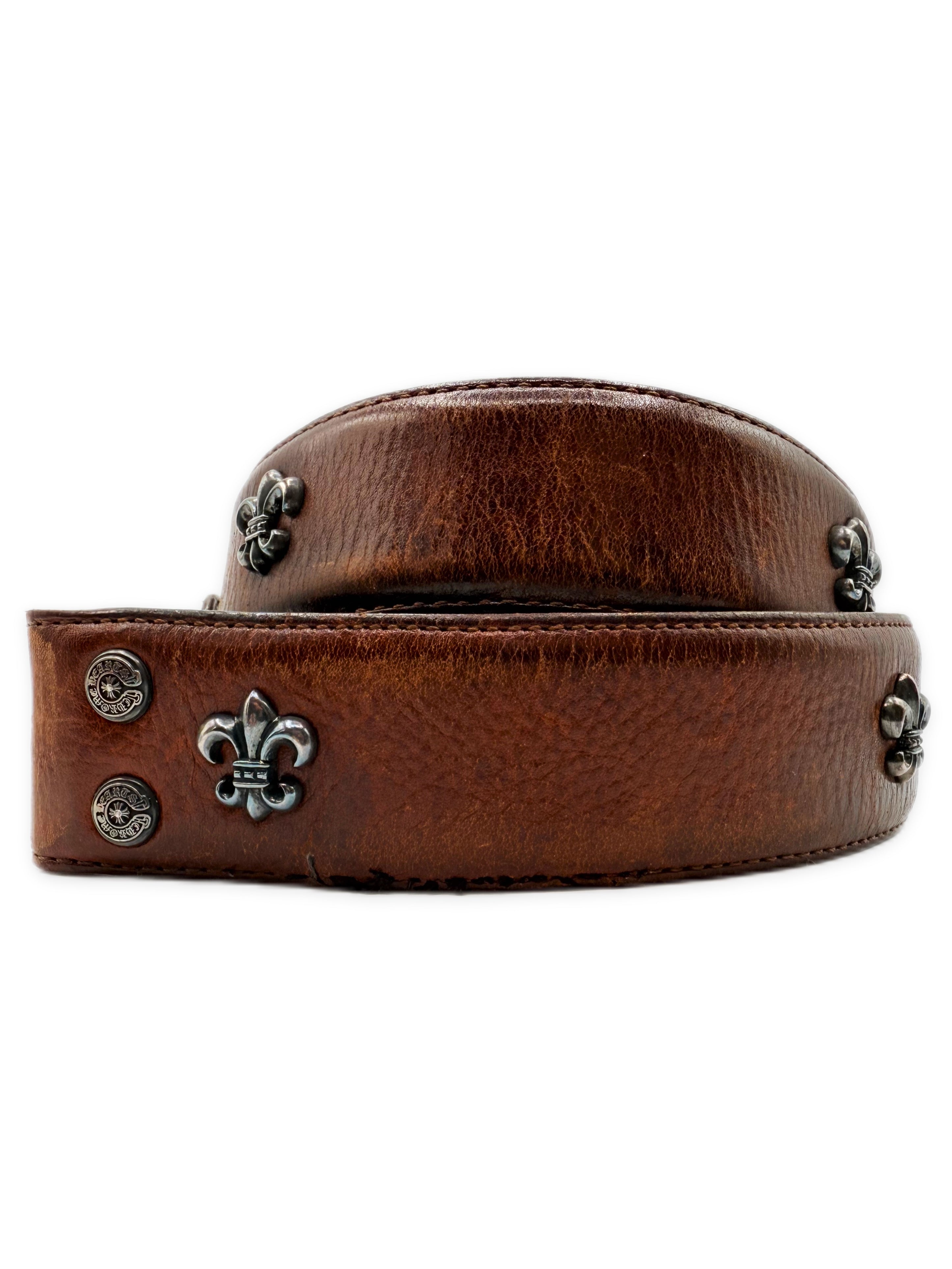 Chrome Hearts Fleur de Lis .925 Silver Brown Leather Belt Strap