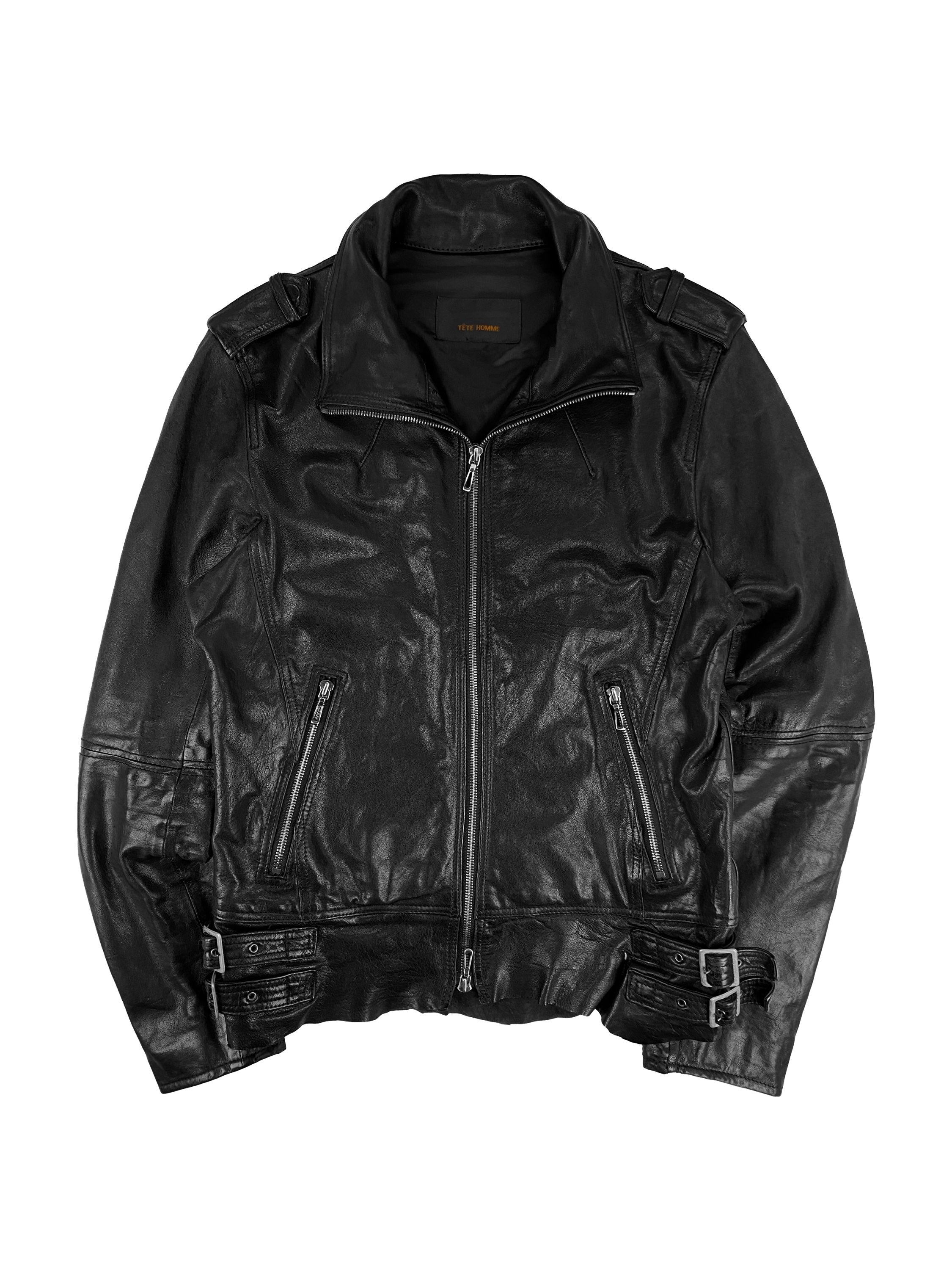 Tete Homme Black Leather Riders Cut Belted Jacket