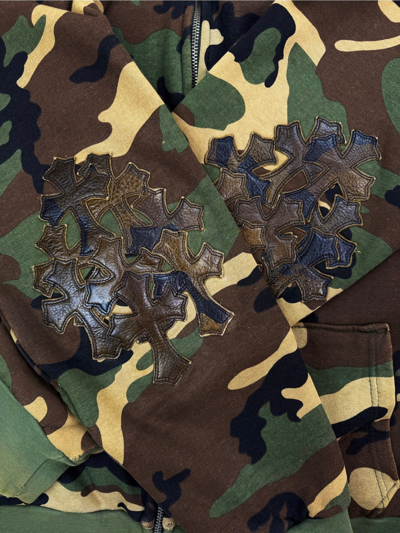 Chrome Hearts Green Camo Flooded Cross Patch Horse Shoe Thermal Lined Zip Hoodie