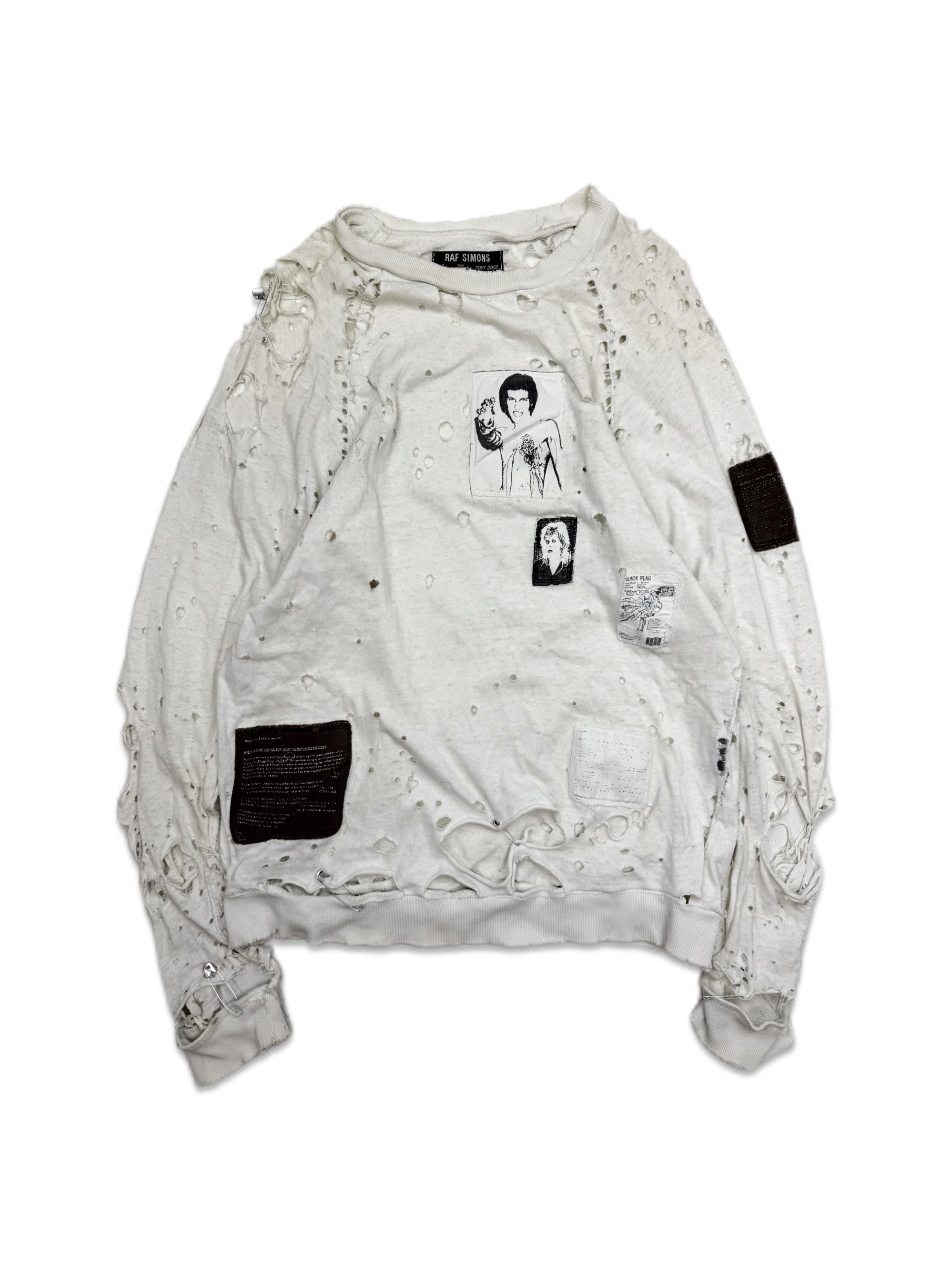 AW01 Raf Simons ‘Riot Riot Riot’ White Distressed Patchwork Crewneck