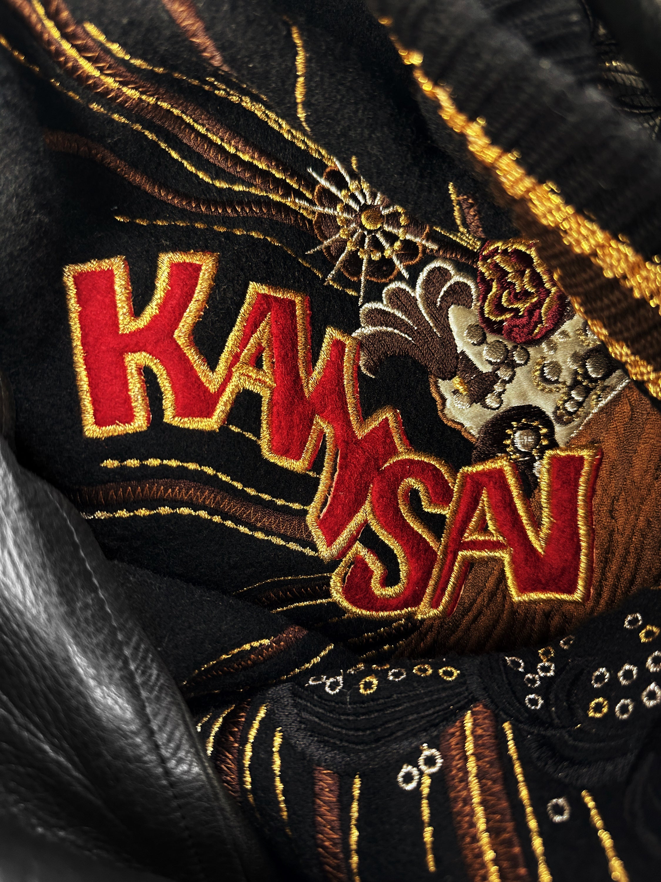 90s Kansai Yamamoto ‘Palpitant’ Embroidered Leather Bomber Jacket