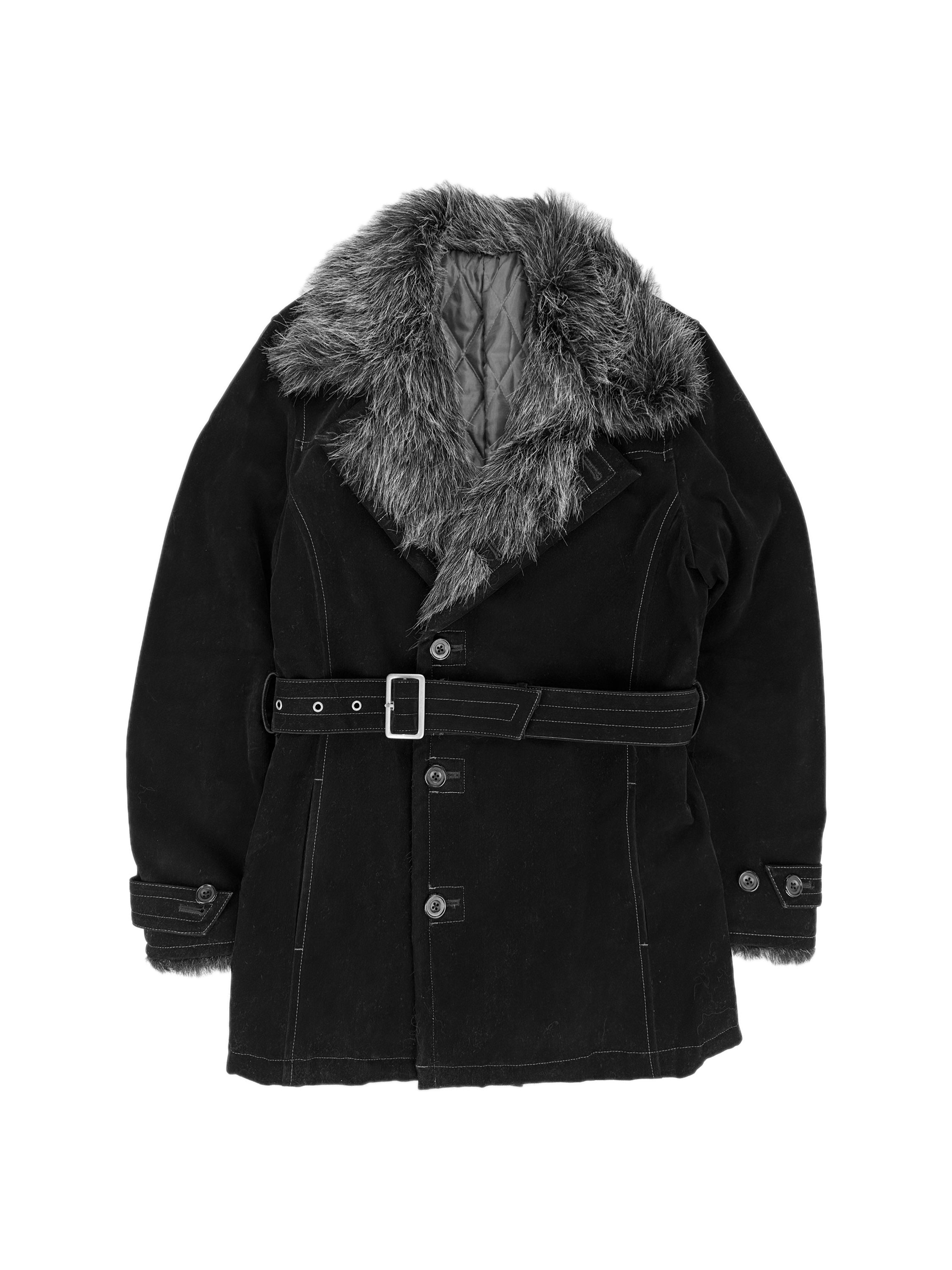 Tornado Mart Black Fur Belted Black Trench Coat