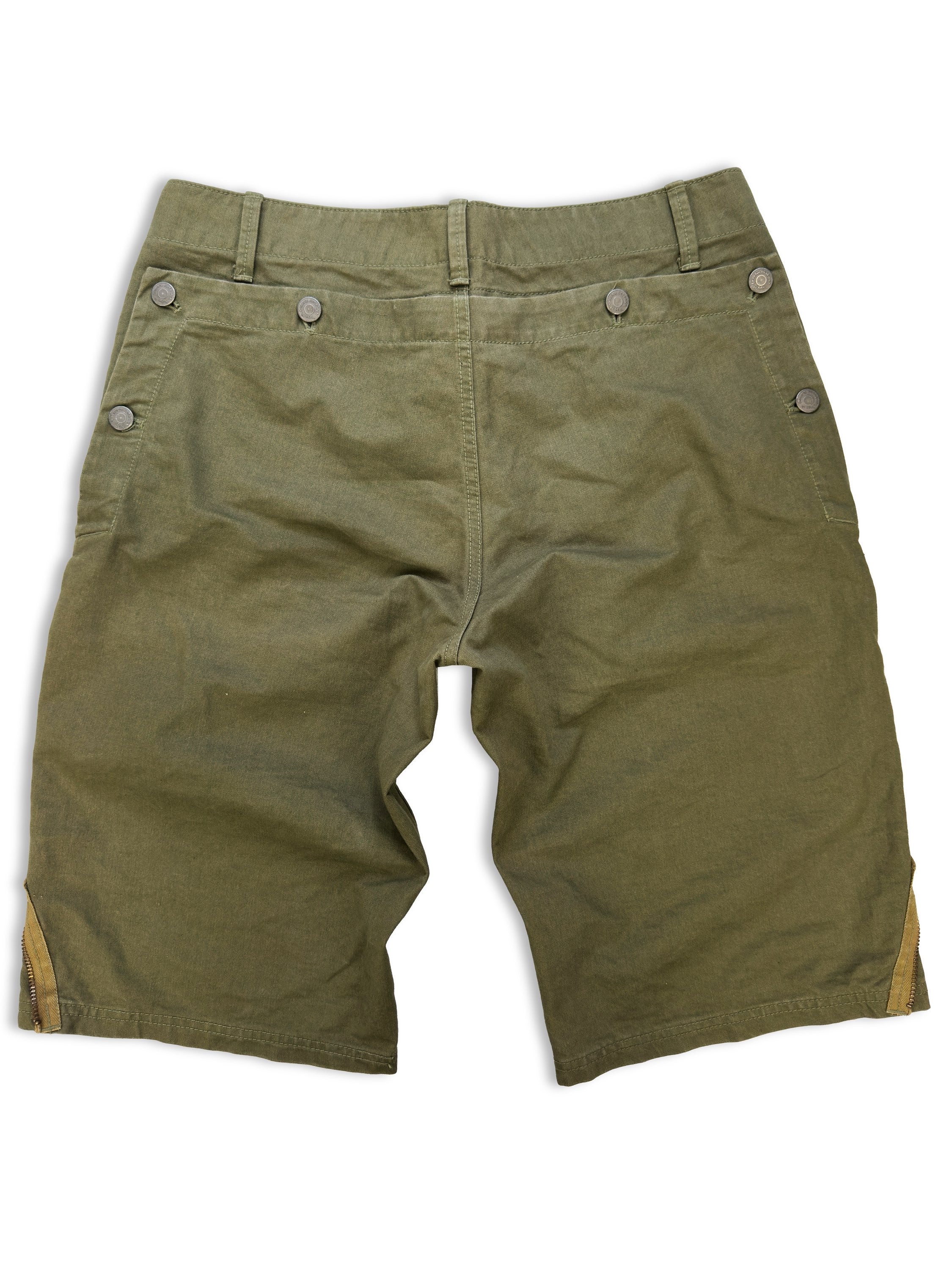 SS06 General Research Button Flap Olive Green Denim Shorts