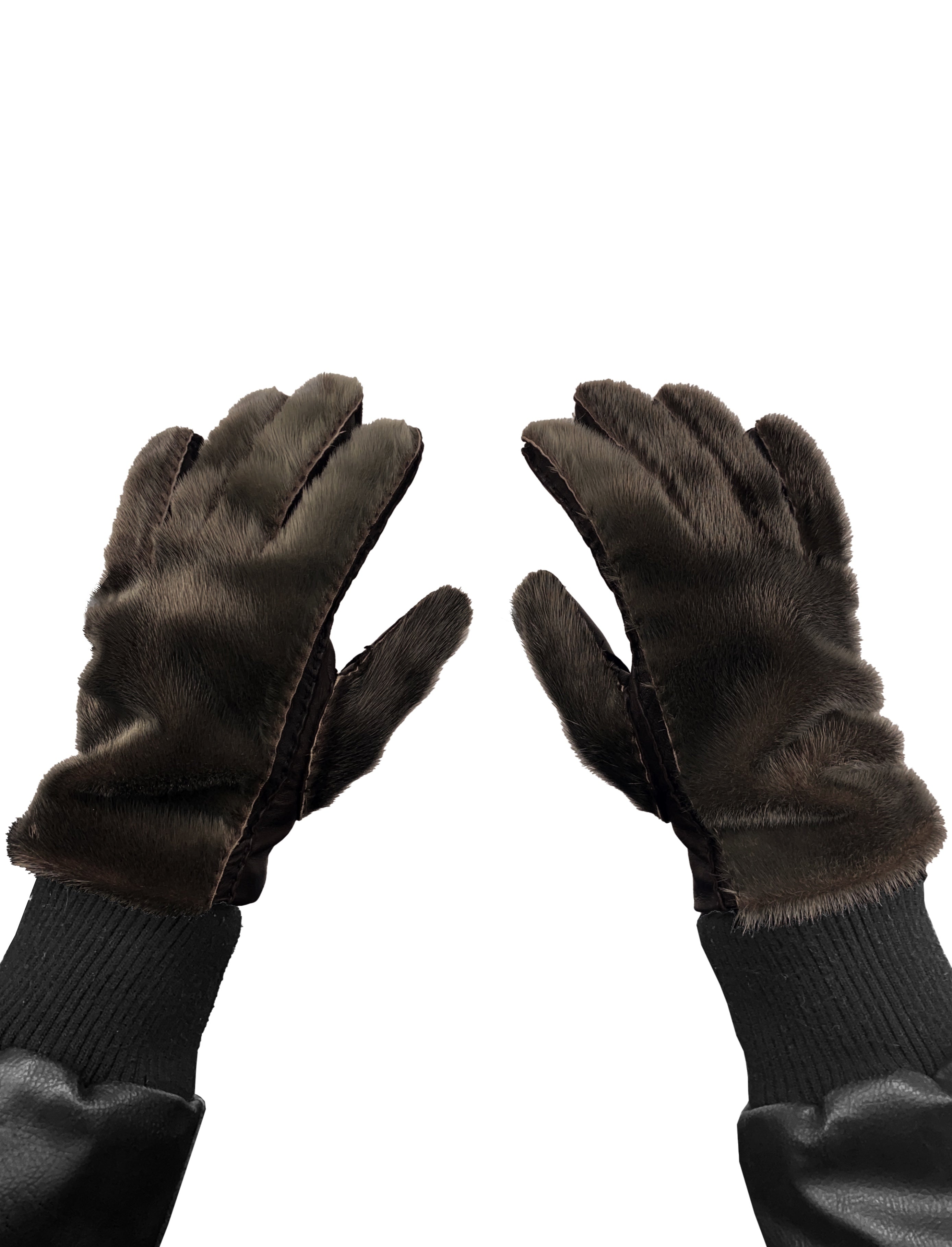 SS17 Prada Seal Fur Brown Leather Gloves
