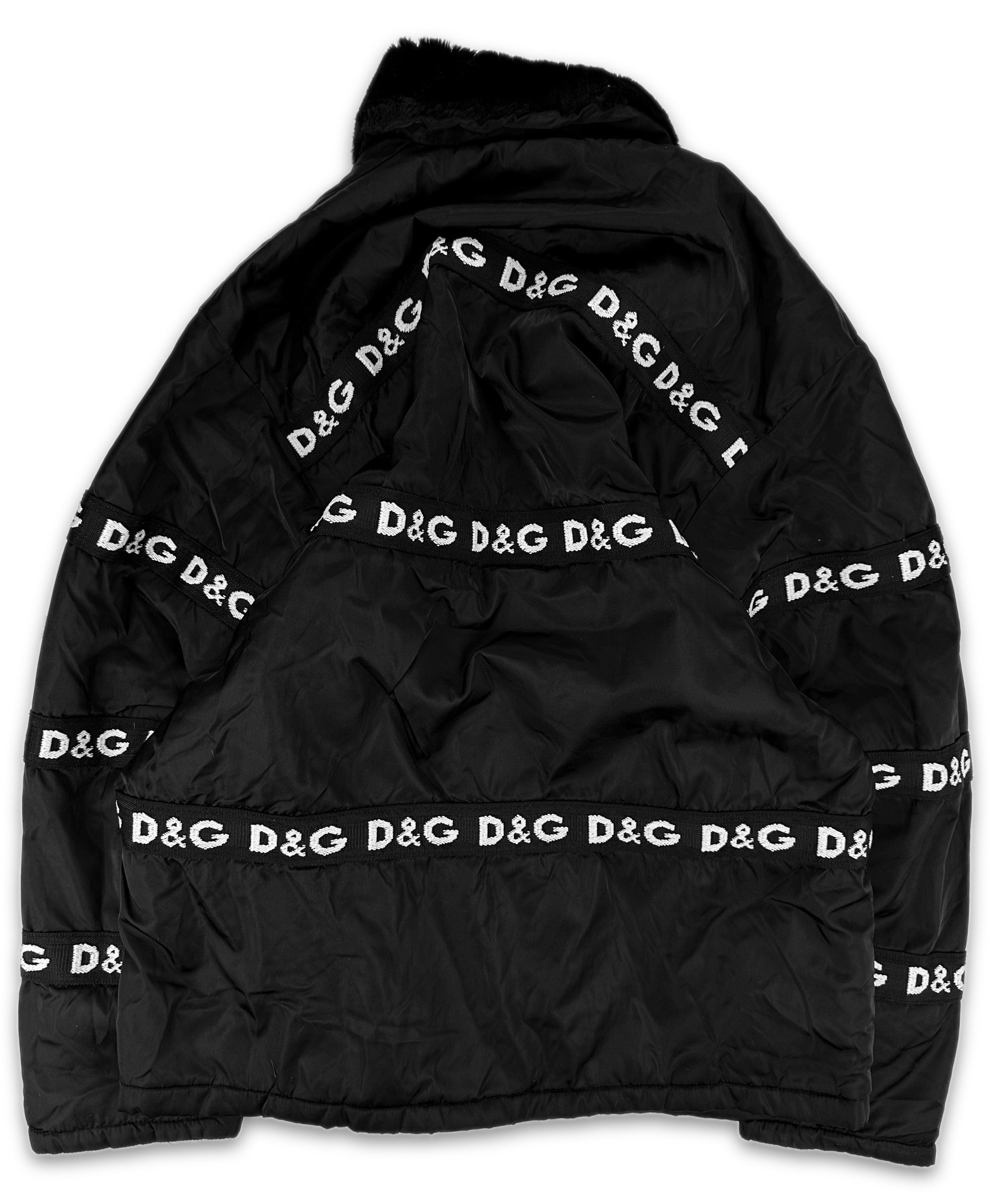 00s Dolce & Gabbana Fur Black Monogram Puffer Jacket