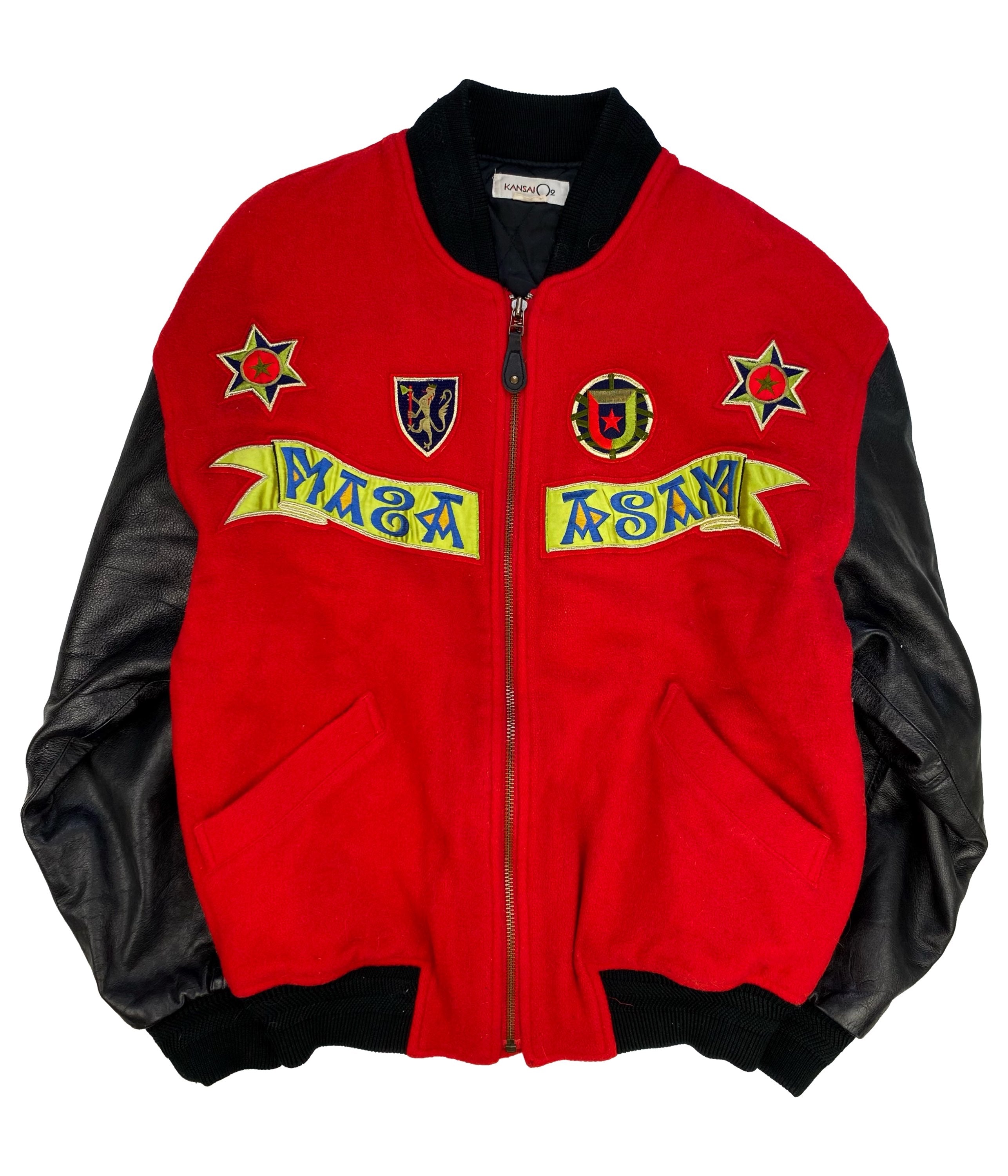 90s Kansai Yamamoto O2 Leather Patched Cherry Red Varsity Jacket