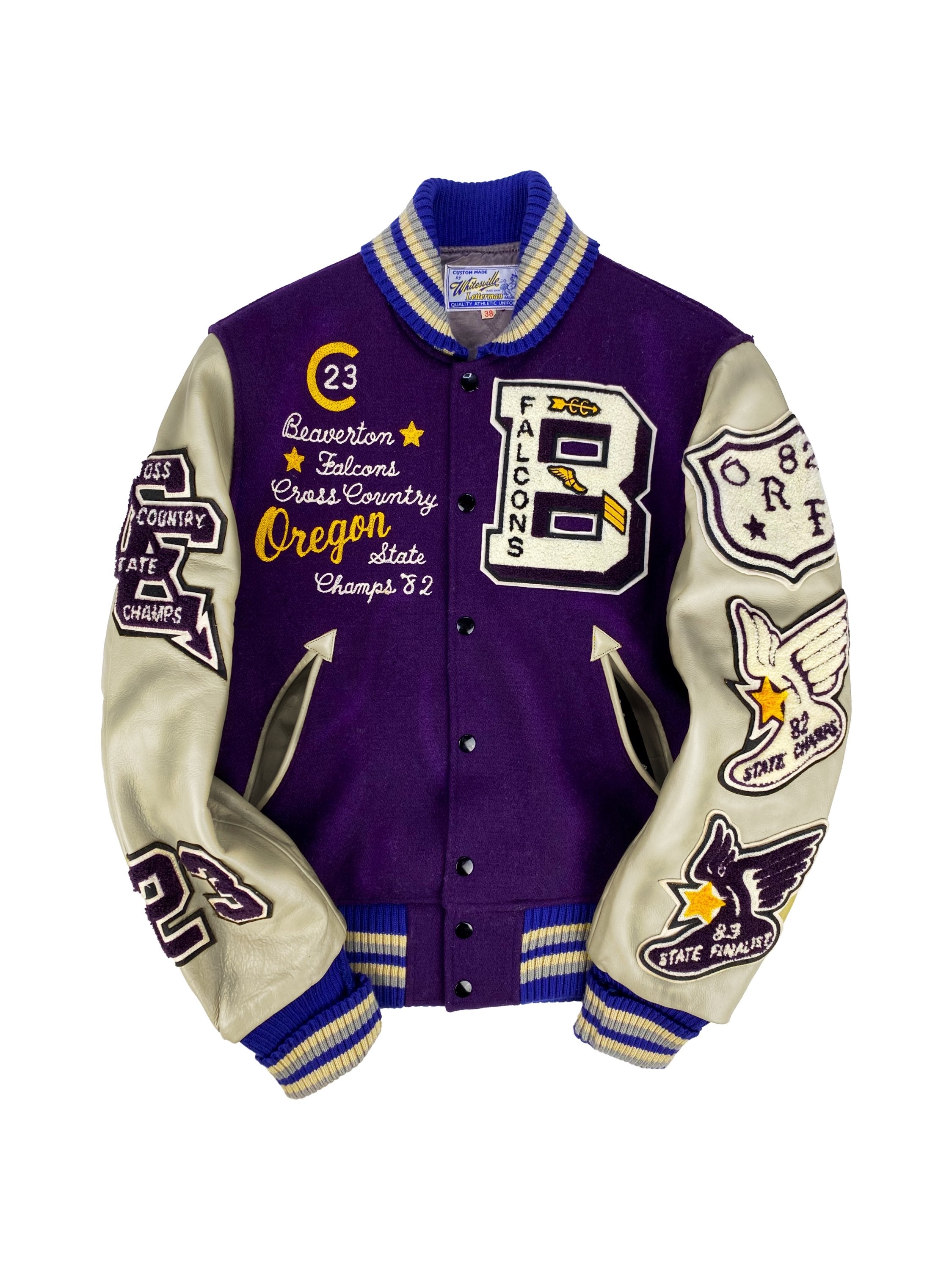00s Whitesville ‘Falcons’ Leather Chenille Patched Varsity Jacket