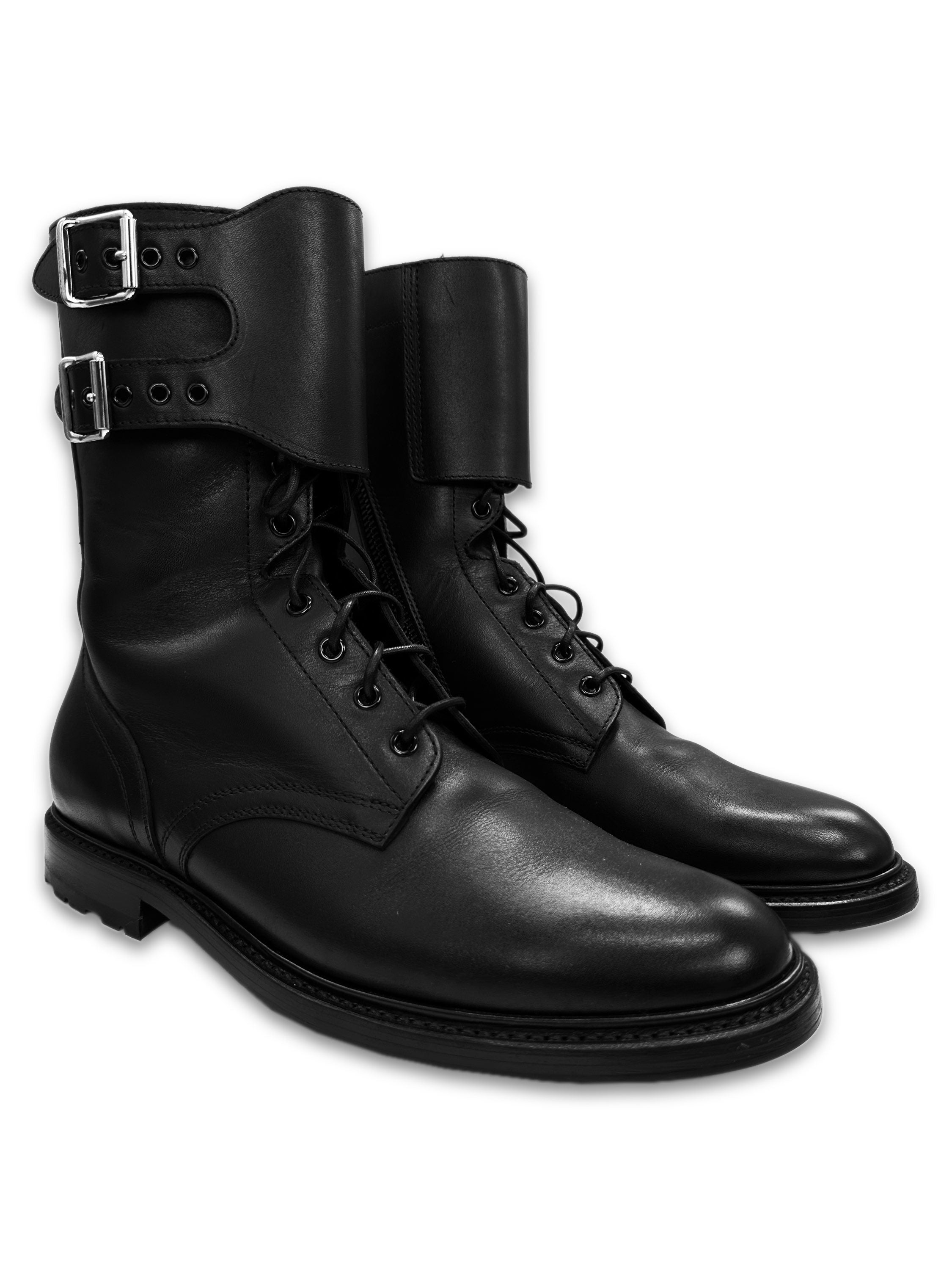 Celine Black Calfskin Leather ‘Combat’ Belted Cuff Hi-Top Boots