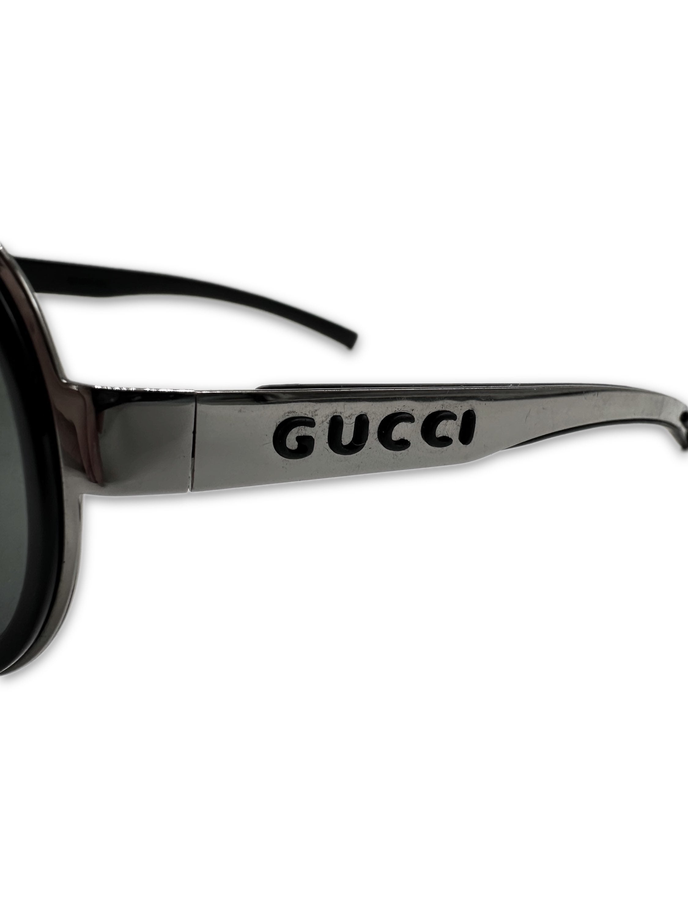 00s Gucci Etched Logo Silver Green Tint Aviator Sunglasses