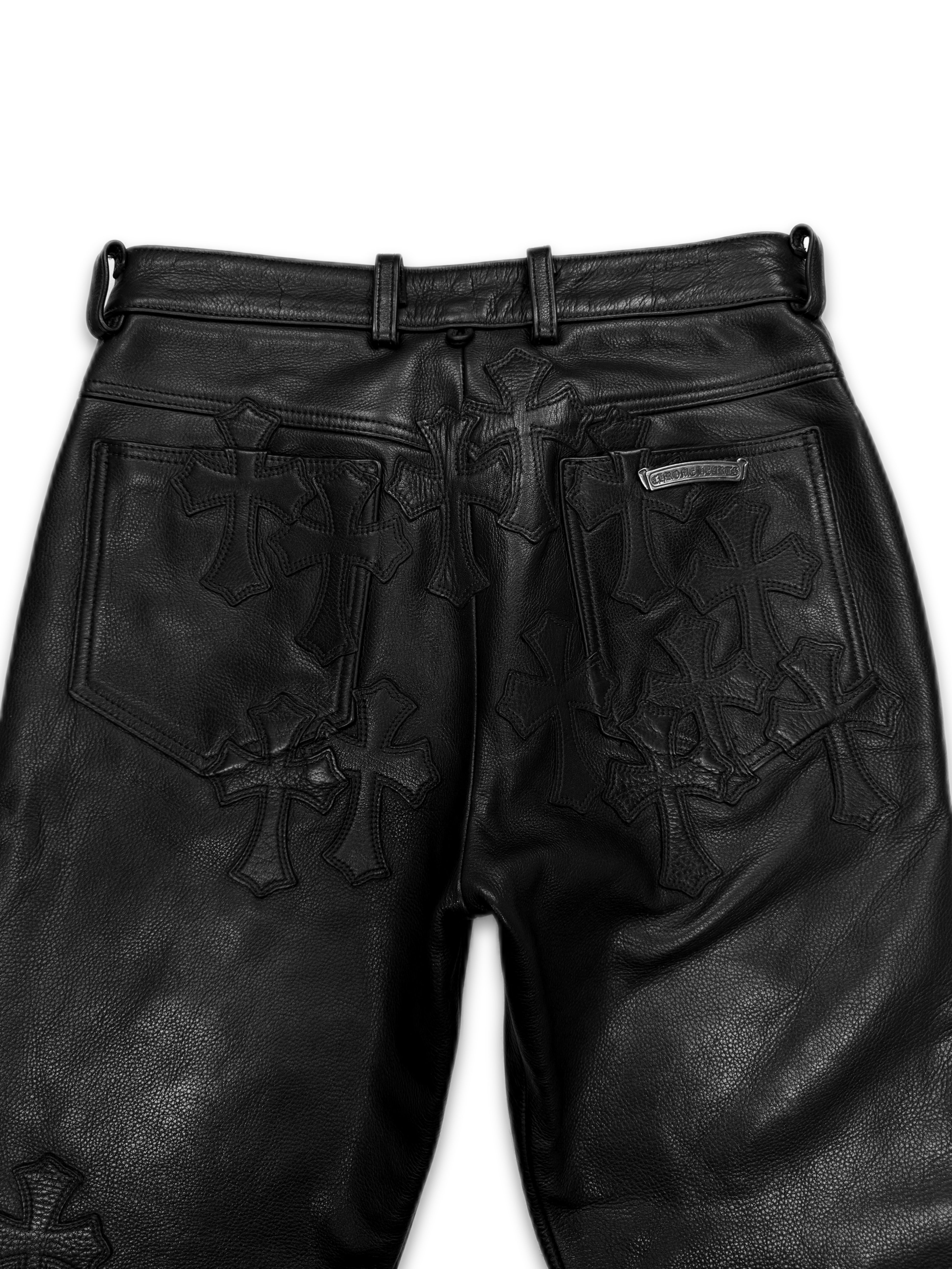 Chrome Hearts 34 Cross Patch Black Leather Fleur Knee Pants