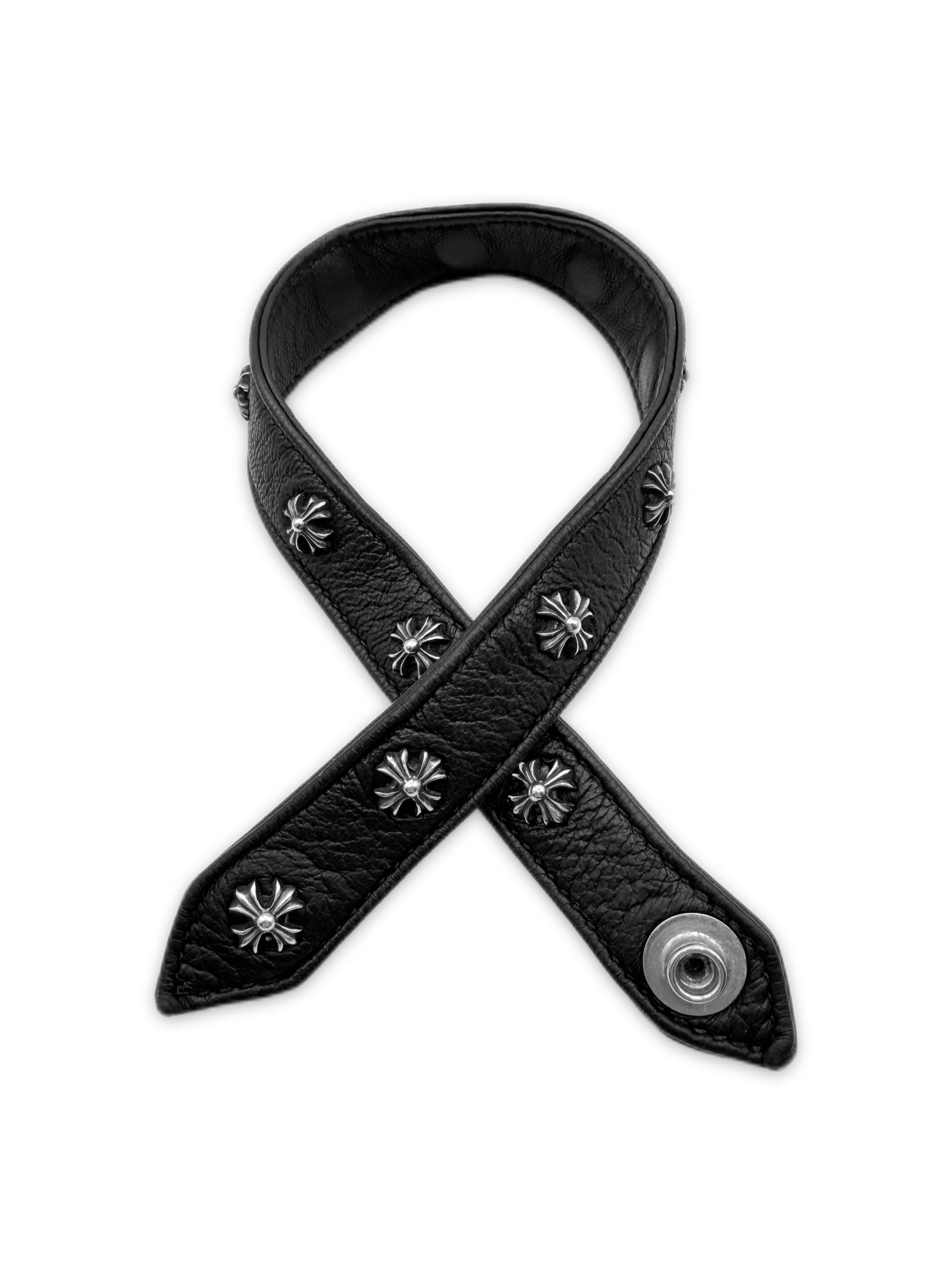 Chrome Hearts Double Wrap Plus Pendant Black Leather Snap Bracelet / Choker
