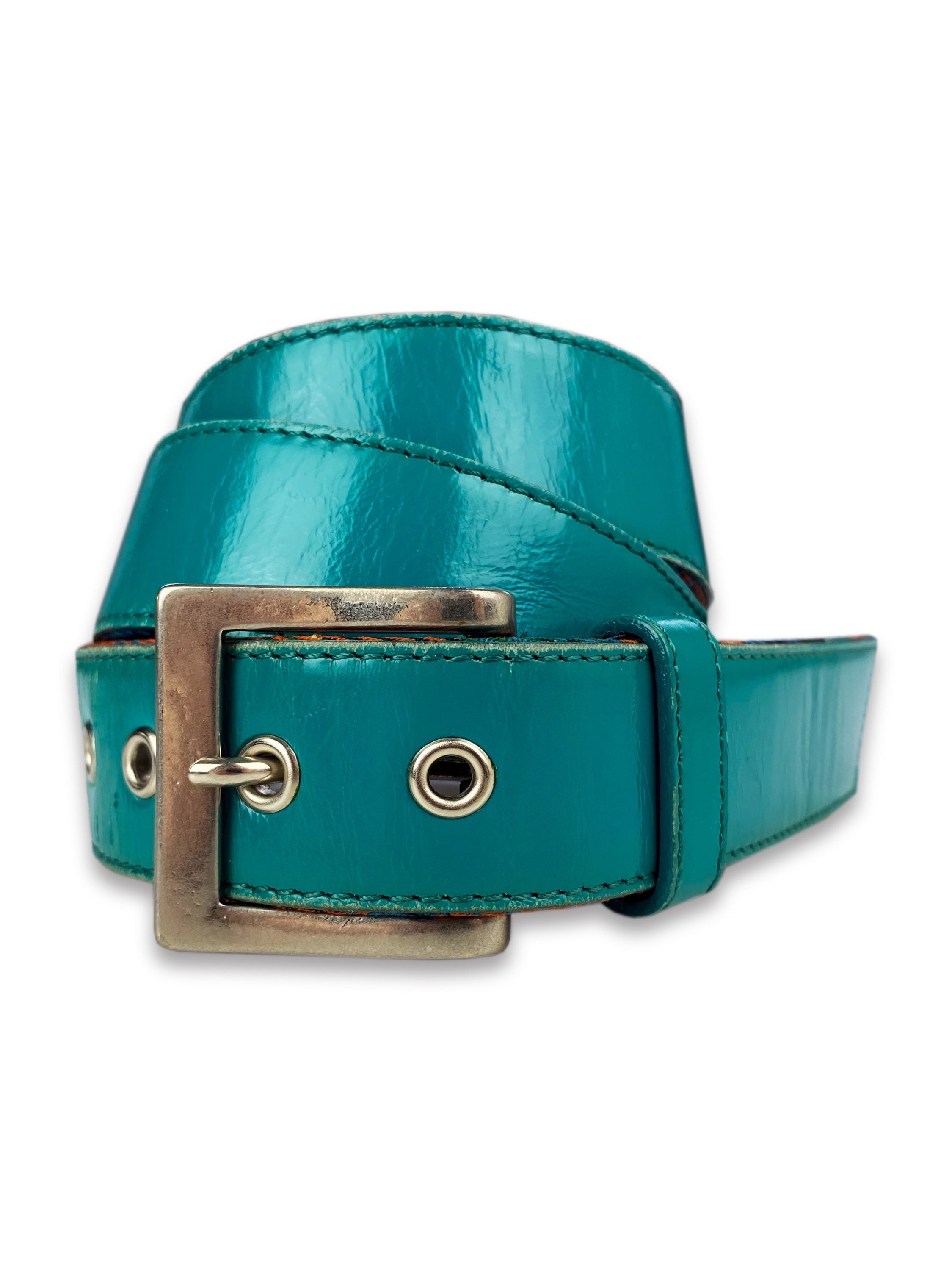 Junya Watanabe Two Tone Silver Buckle Teal Leather Belt