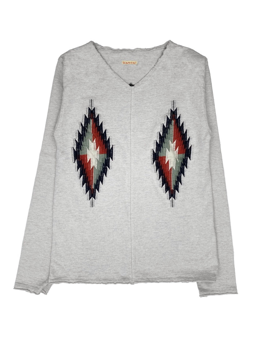 Kapital Weaved Diamond Motif Raw Hem Longsleeve Grey Shirt