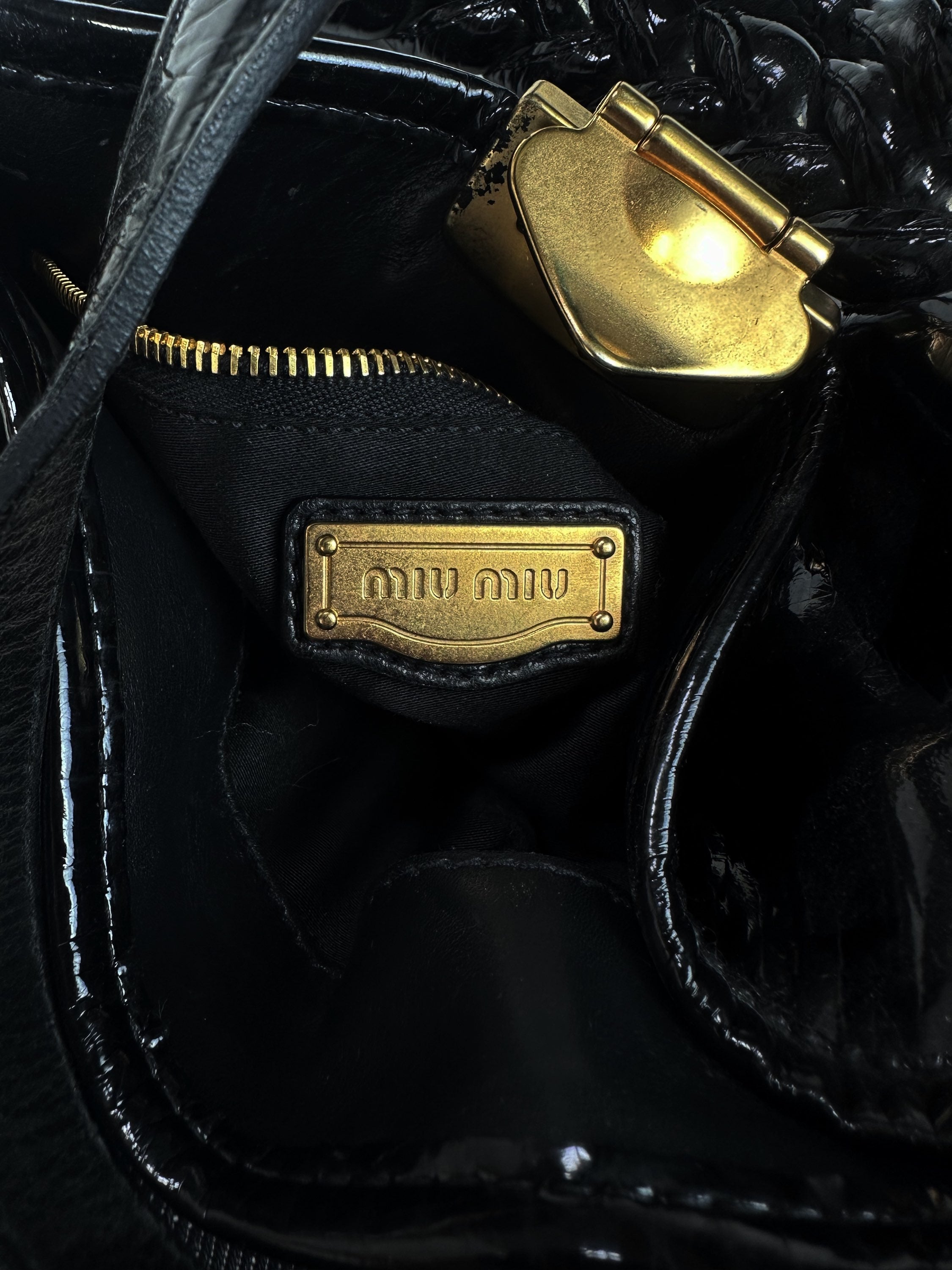 00s Miu Miu Black Patent Leather Gold Logo Side Bag